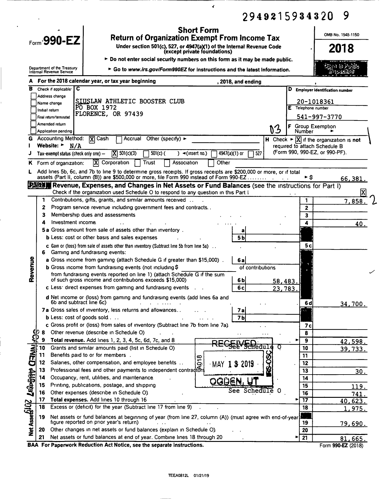 Image of first page of 2018 Form 990EZ for Siuslaw Athletic Booster Club