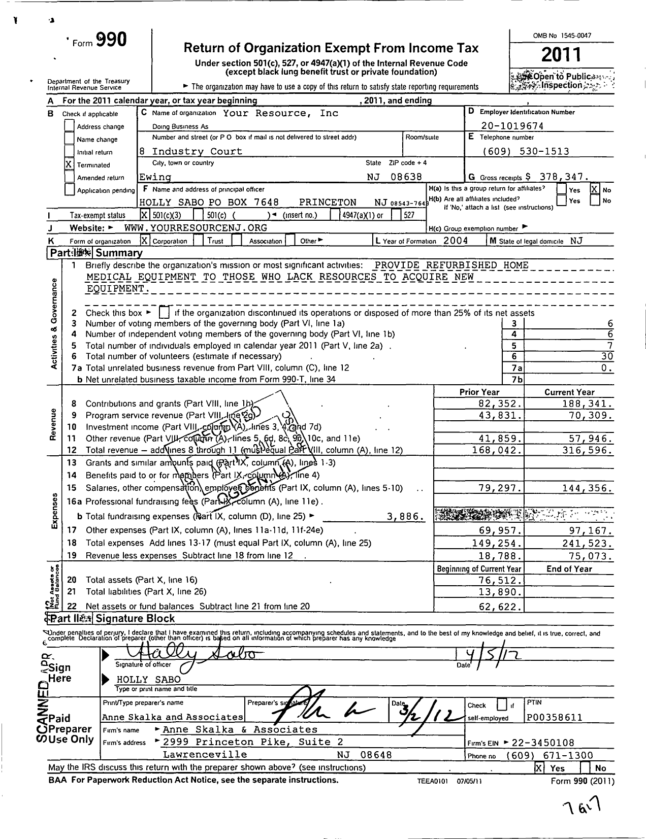 Image of first page of 2011 Form 990 for Your Resources