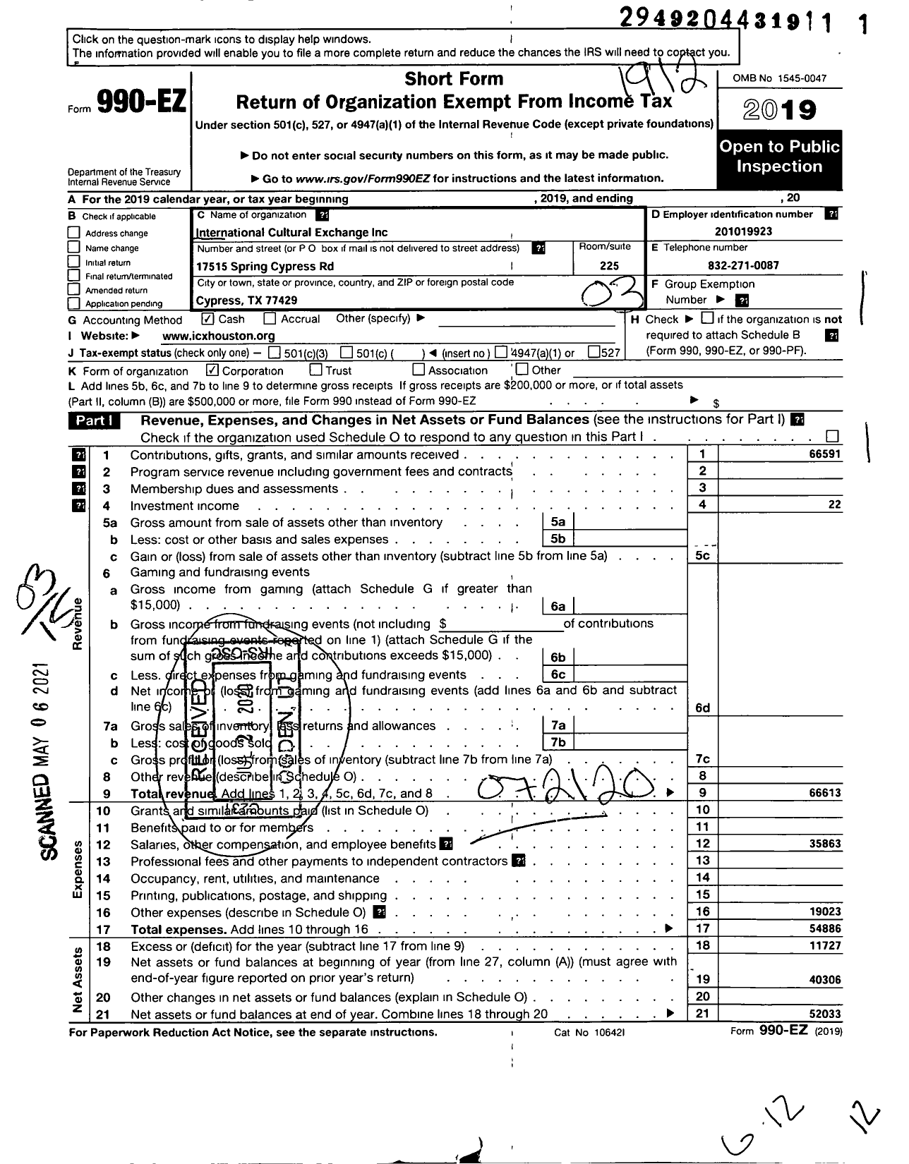 Image of first page of 2019 Form 990EZ for International Cultural Exchange (ICX)