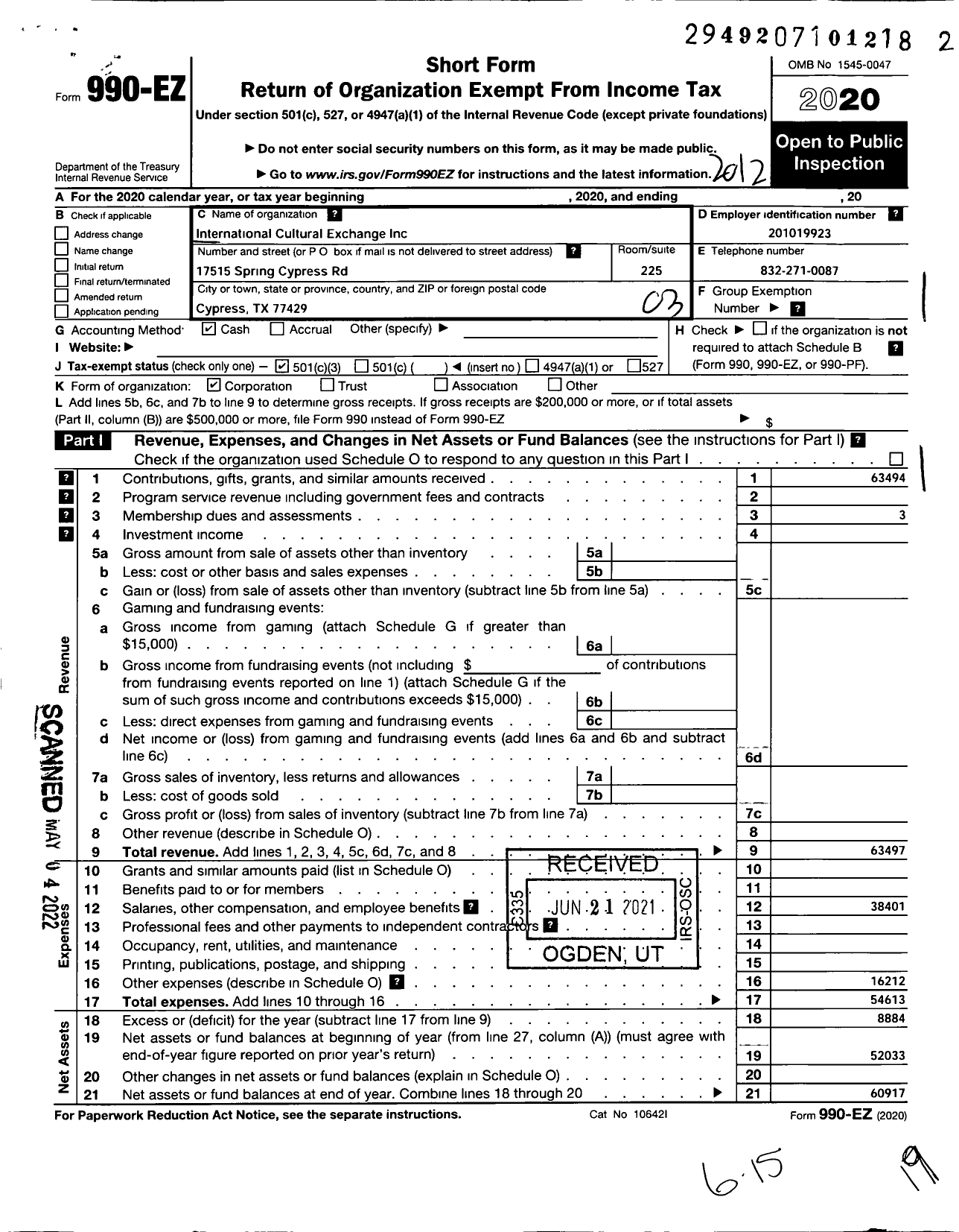 Image of first page of 2020 Form 990EZ for International Cultural Exchange (ICX)