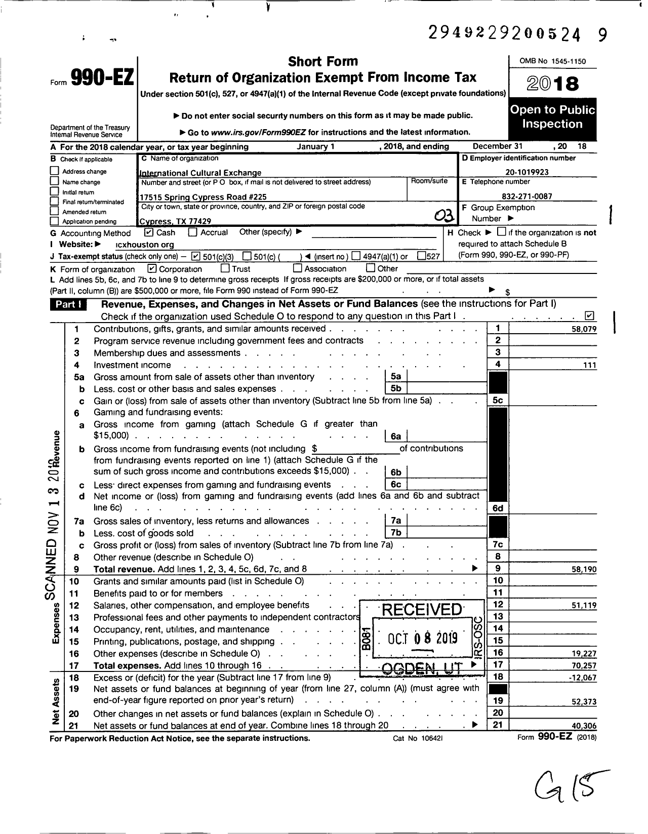 Image of first page of 2018 Form 990EZ for International Cultural Exchange (ICX)