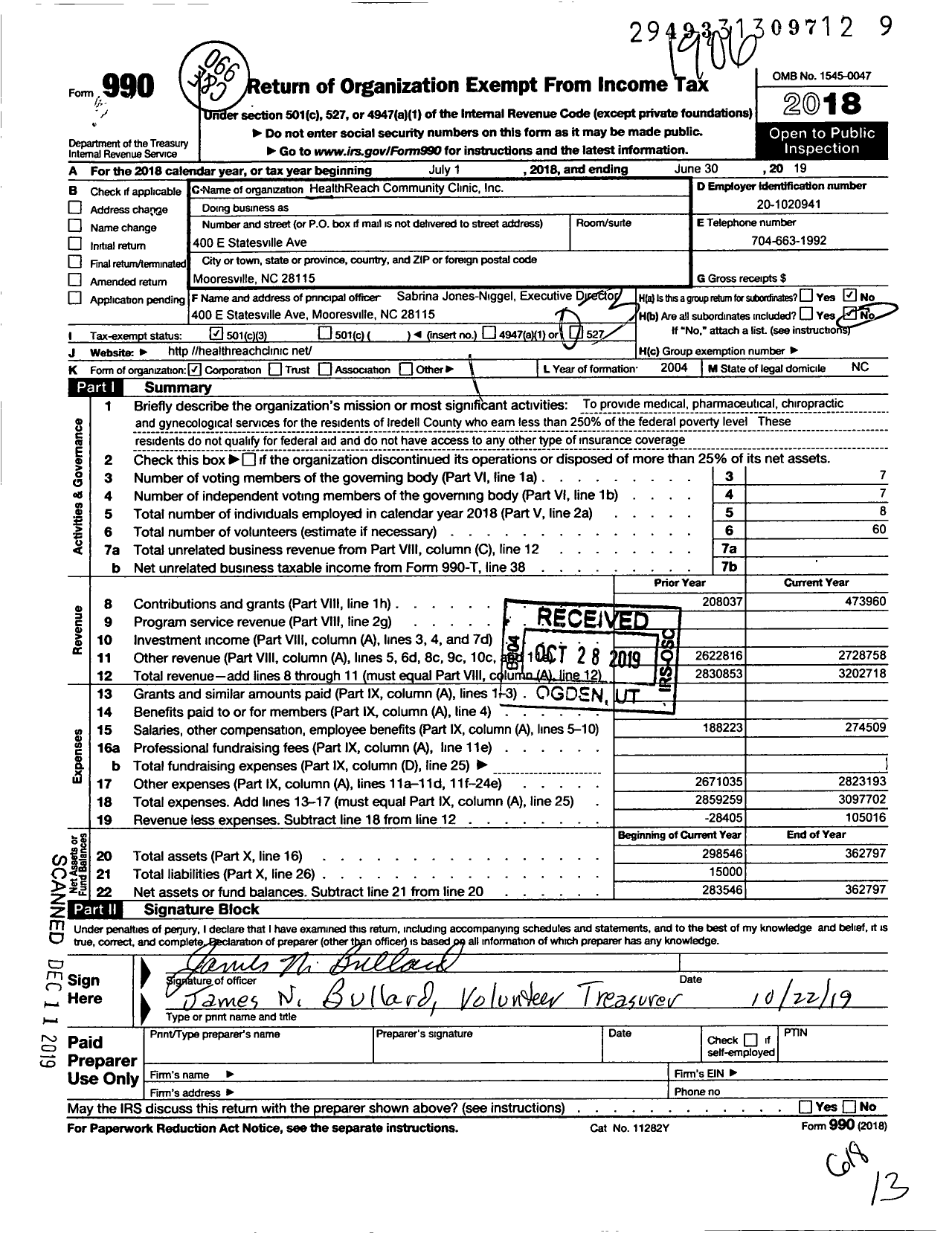 Image of first page of 2018 Form 990 for HealthReach Community Clinic