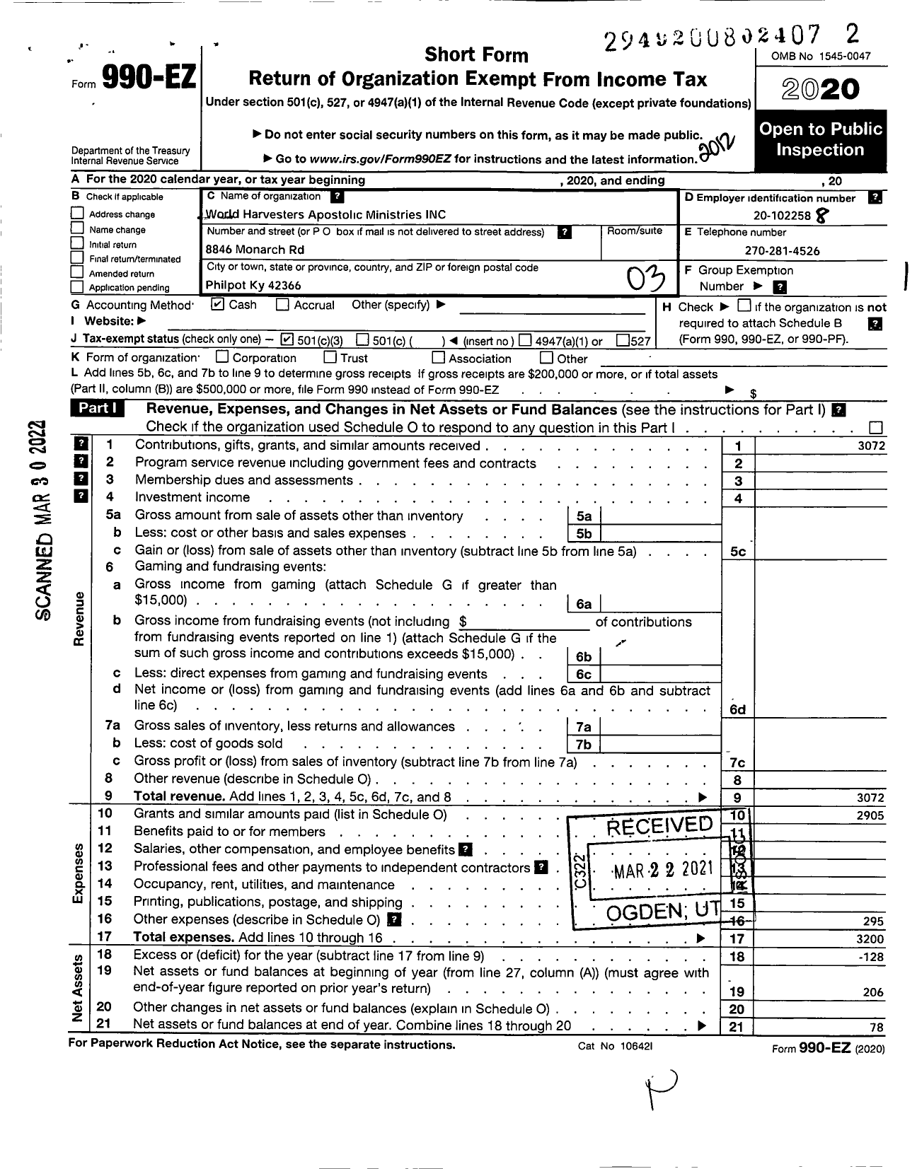 Image of first page of 2020 Form 990EZ for World Harvesters Apostolic Ministries