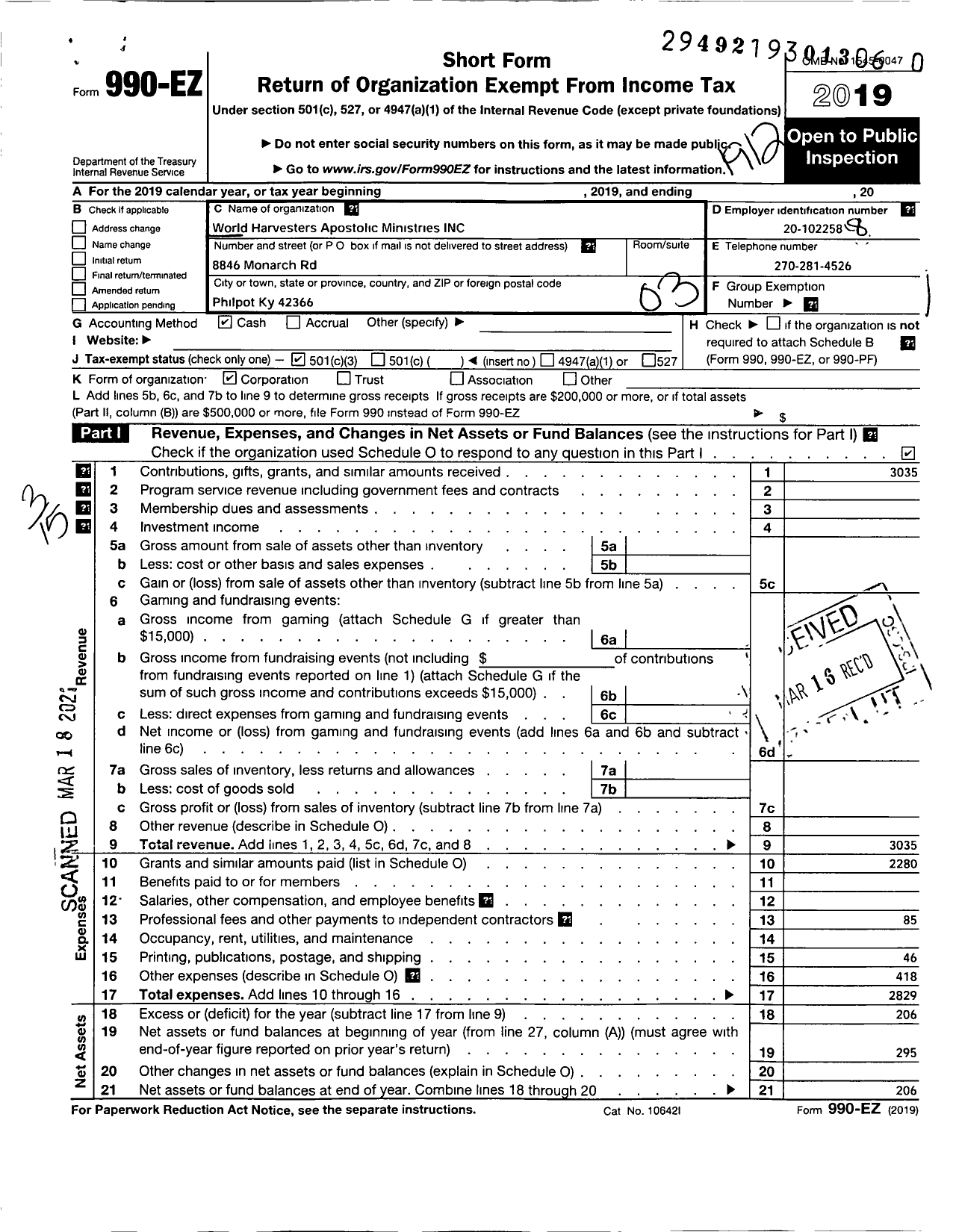 Image of first page of 2019 Form 990EZ for World Harvesters Apostolic Ministries