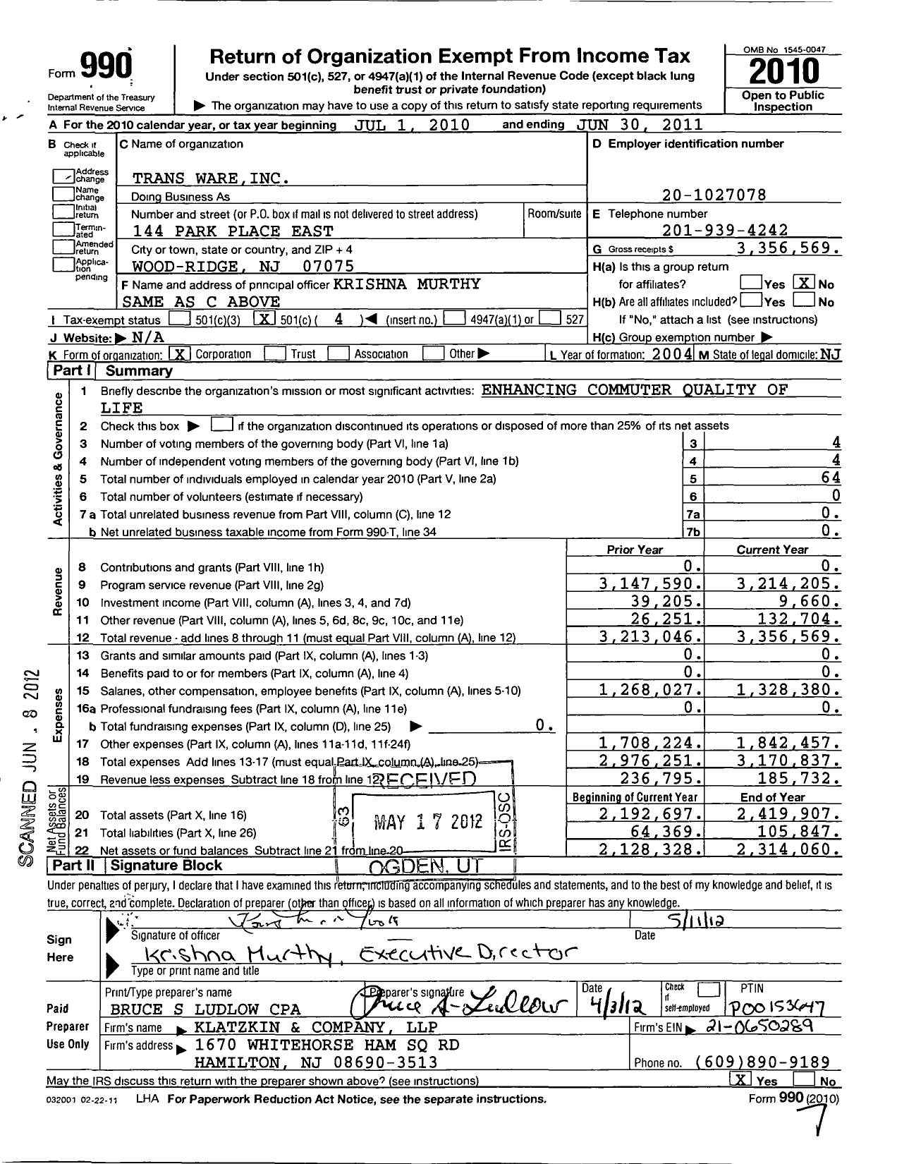 Image of first page of 2010 Form 990O for Trans Ware