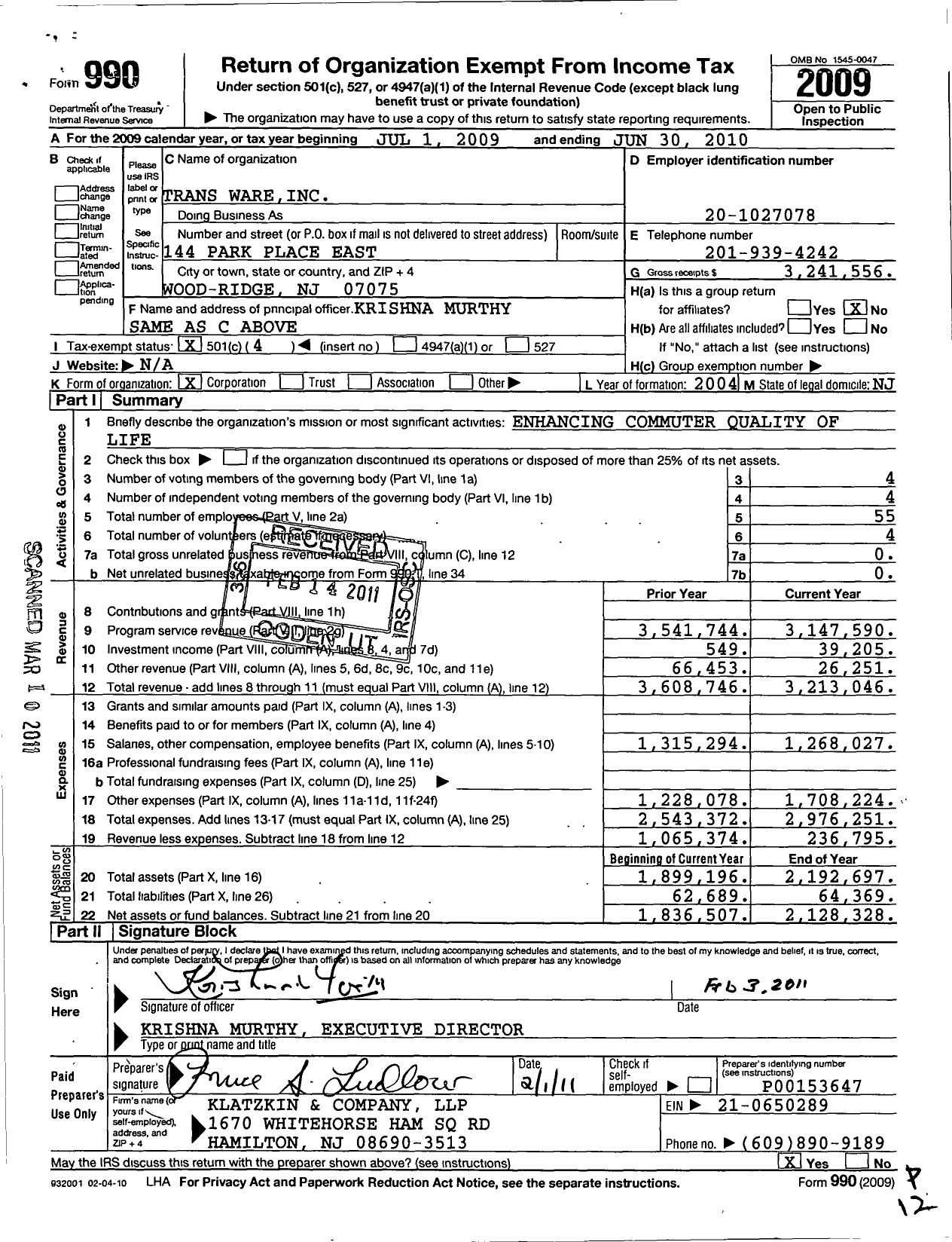 Image of first page of 2009 Form 990O for Trans Ware