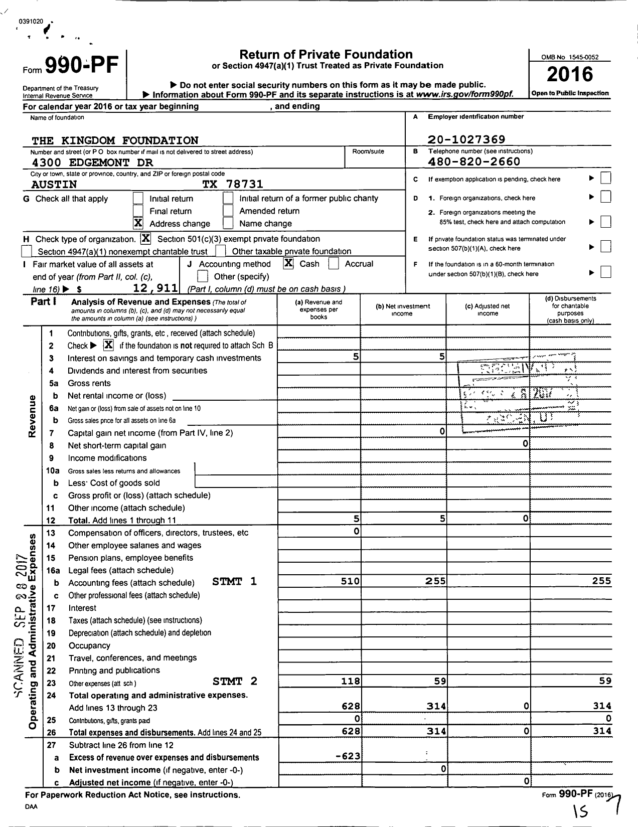 Image of first page of 2016 Form 990PF for The Kingdom Foundation