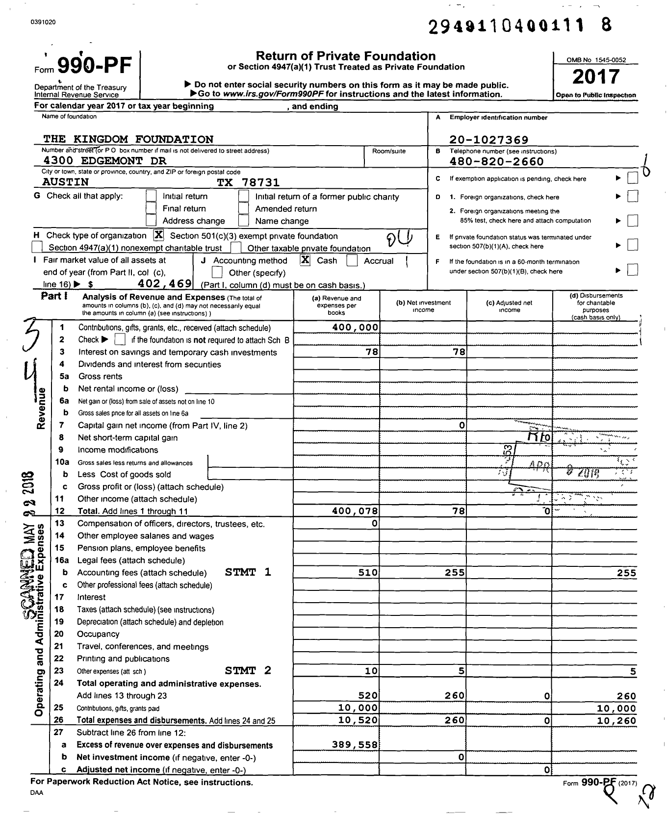 Image of first page of 2017 Form 990PF for The Kingdom Foundation