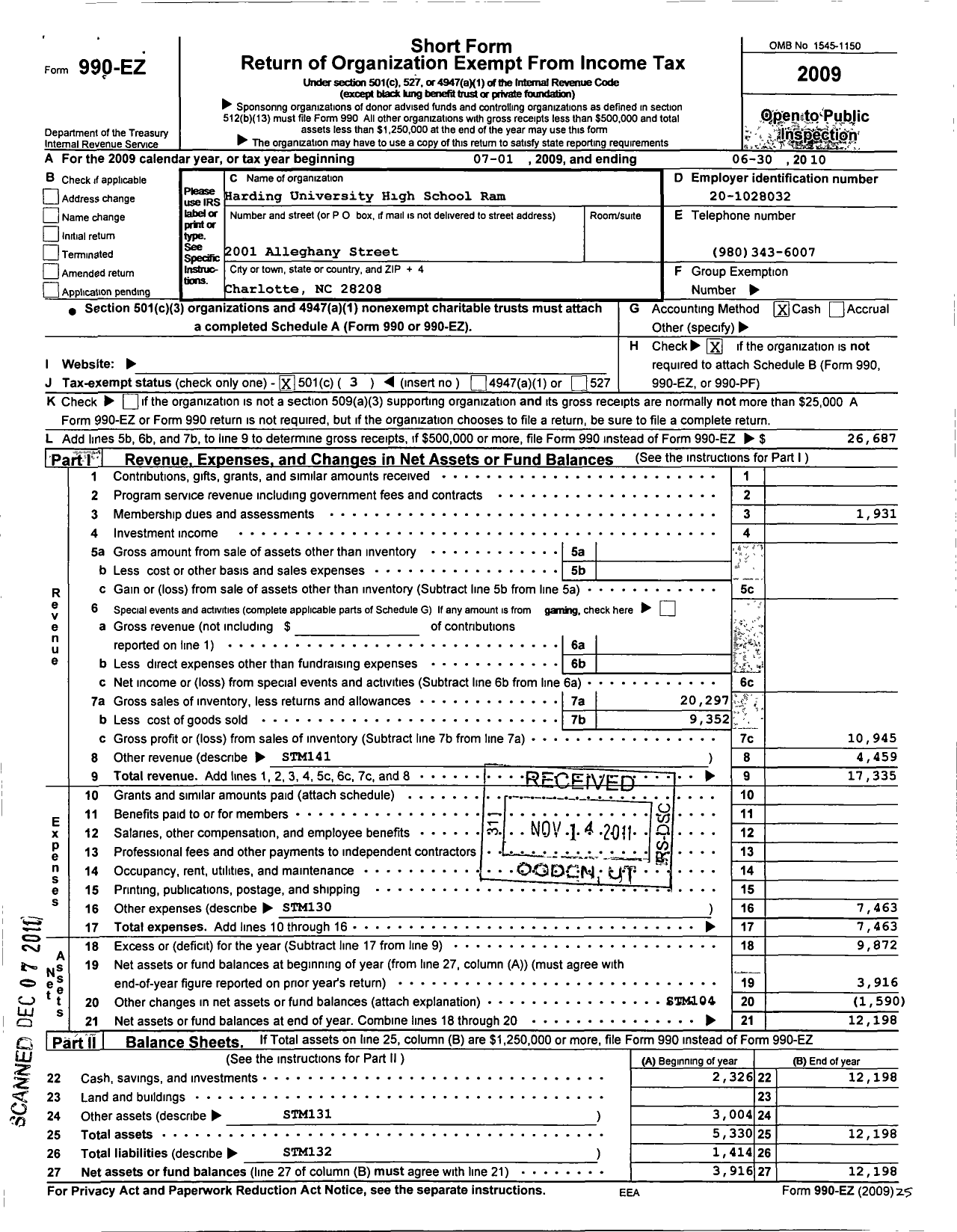 Image of first page of 2009 Form 990EZ for Harding University High School Ram Club