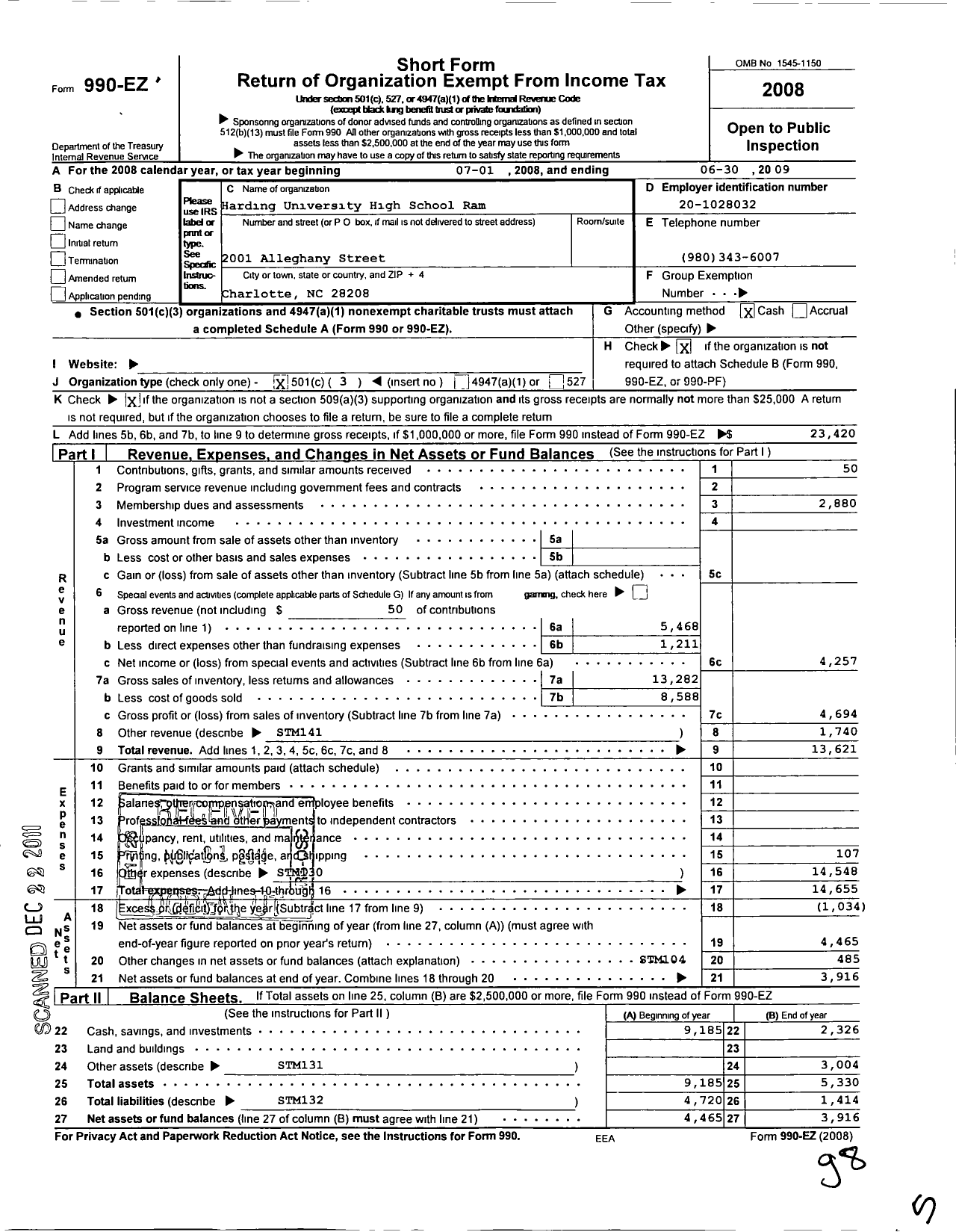 Image of first page of 2008 Form 990EZ for Harding University High School Ram Club