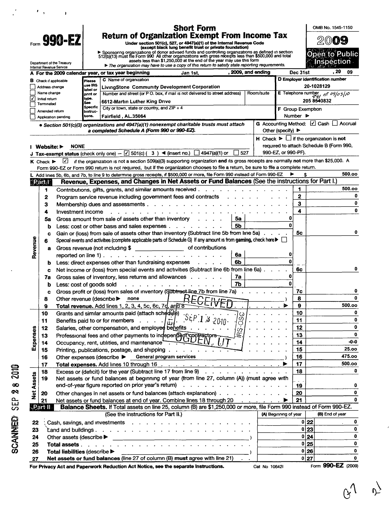 Image of first page of 2009 Form 990EZ for Livingston Community Development Corporation