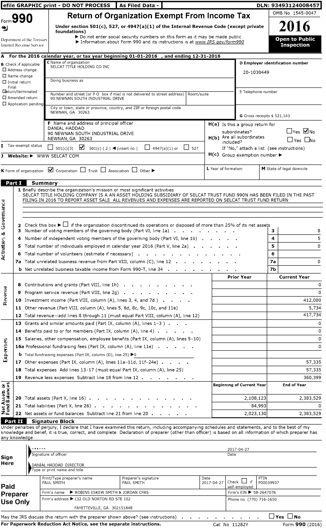 Image of first page of 2016 Form 990O for Selcat Title Holding