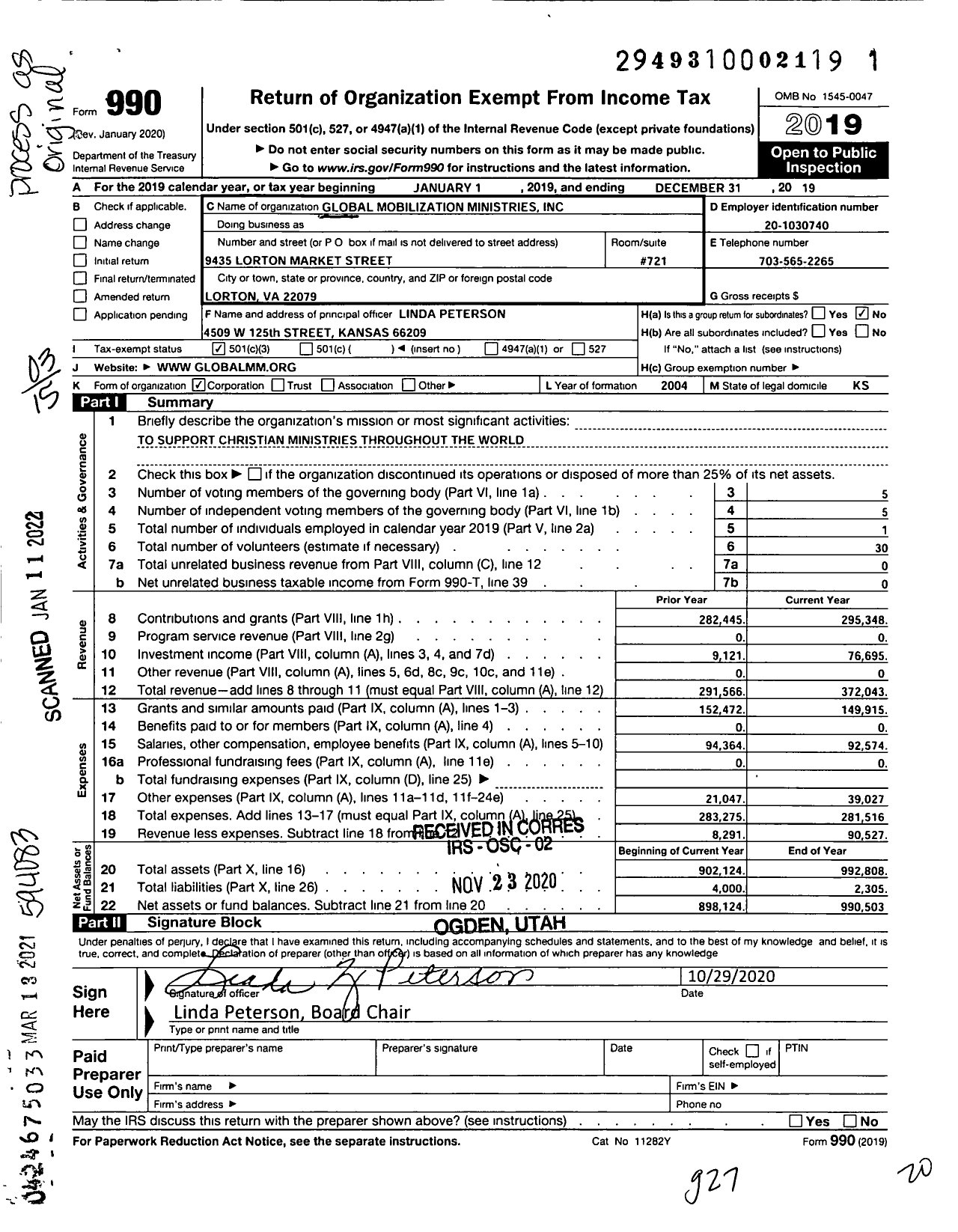 Image of first page of 2019 Form 990 for Global Mobilization Ministries