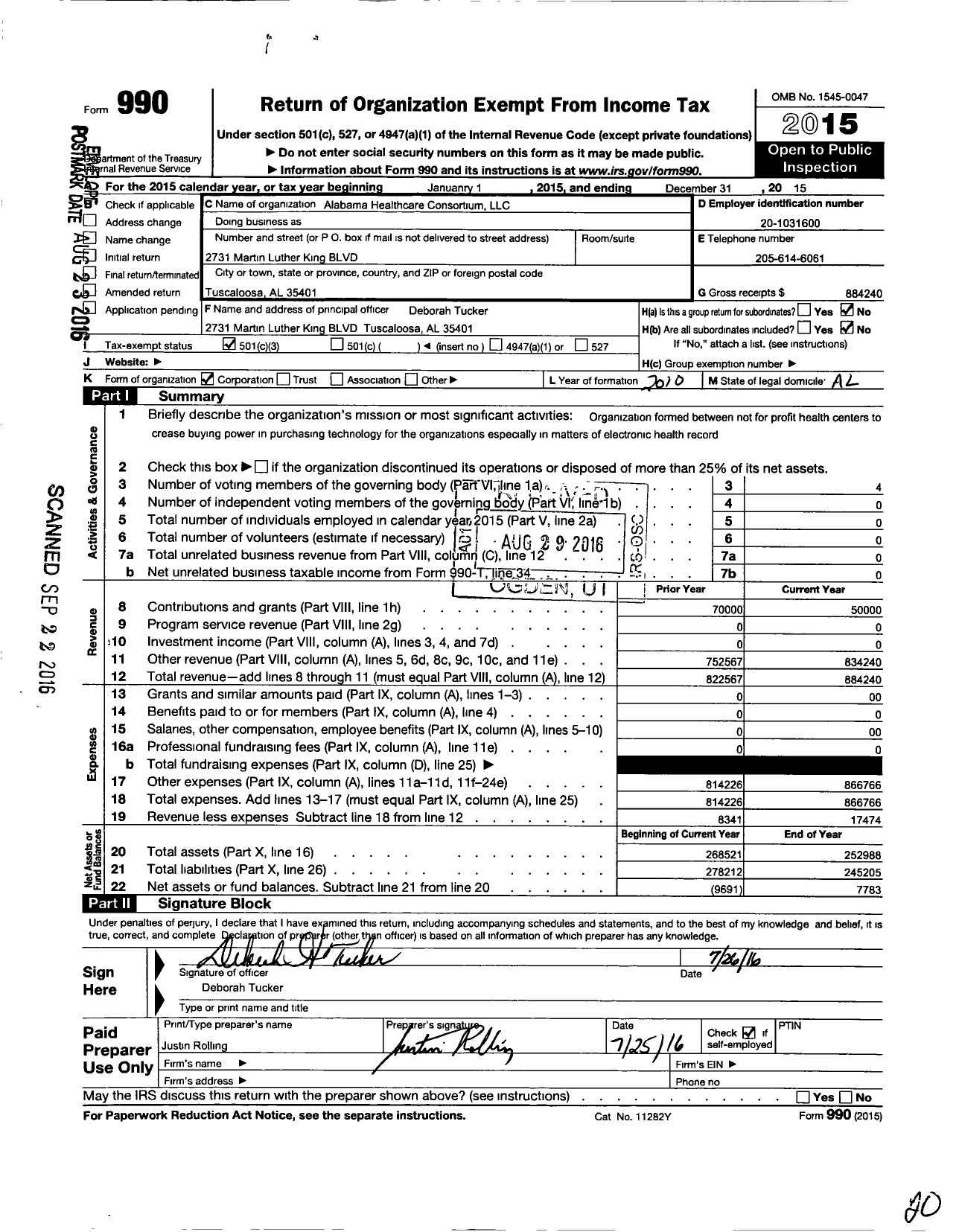 Image of first page of 2015 Form 990 for Alabama Healthcare Consortium LLC