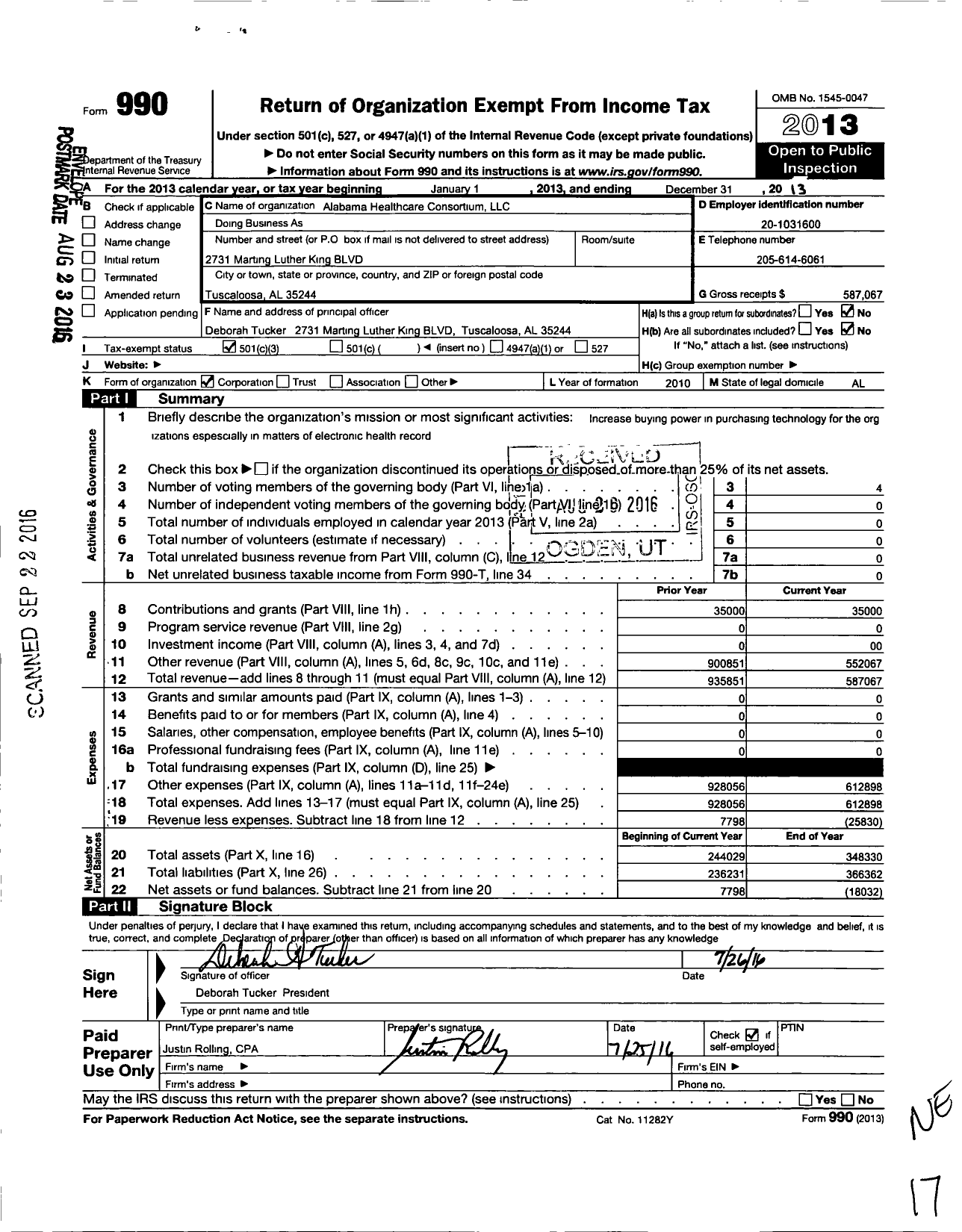 Image of first page of 2013 Form 990 for Alabama Healthcare Consortium LLC