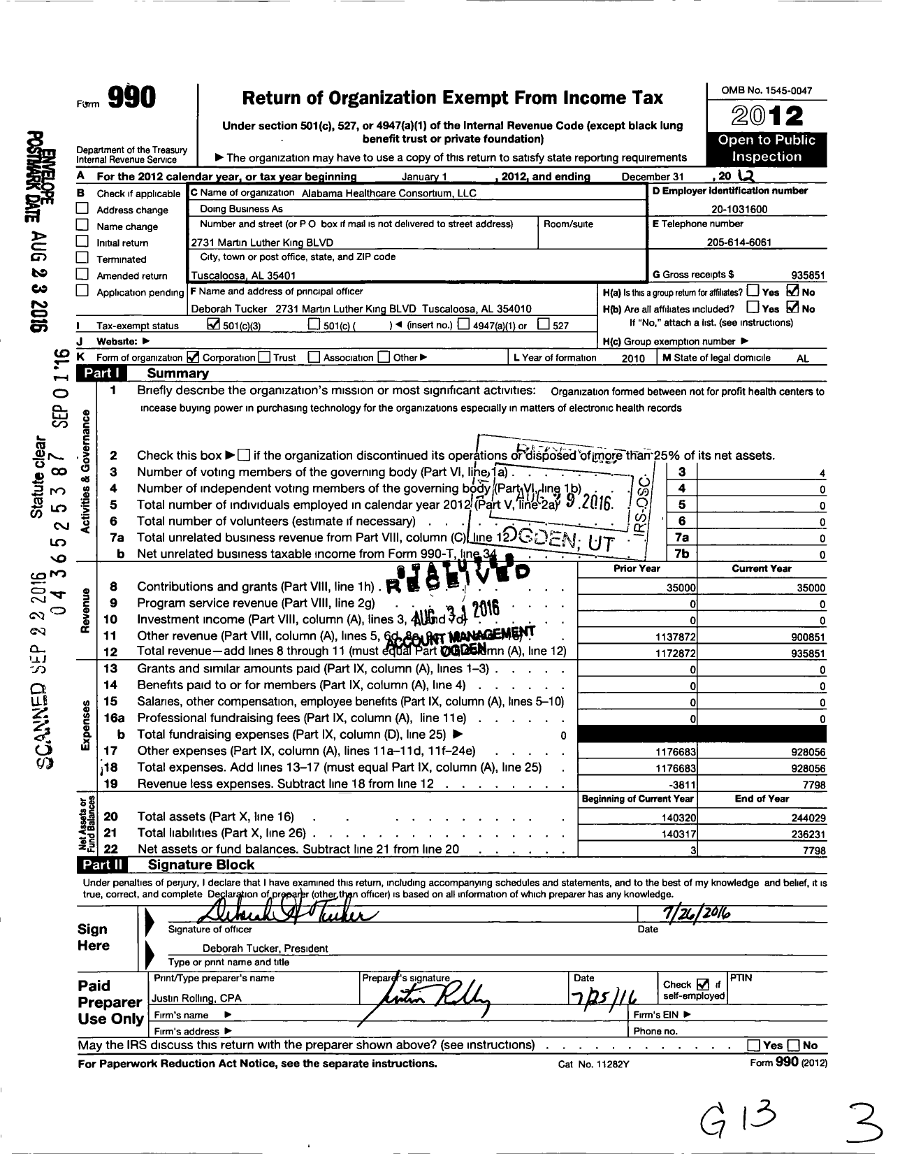 Image of first page of 2012 Form 990 for Alabama Healthcare Consortium LLC