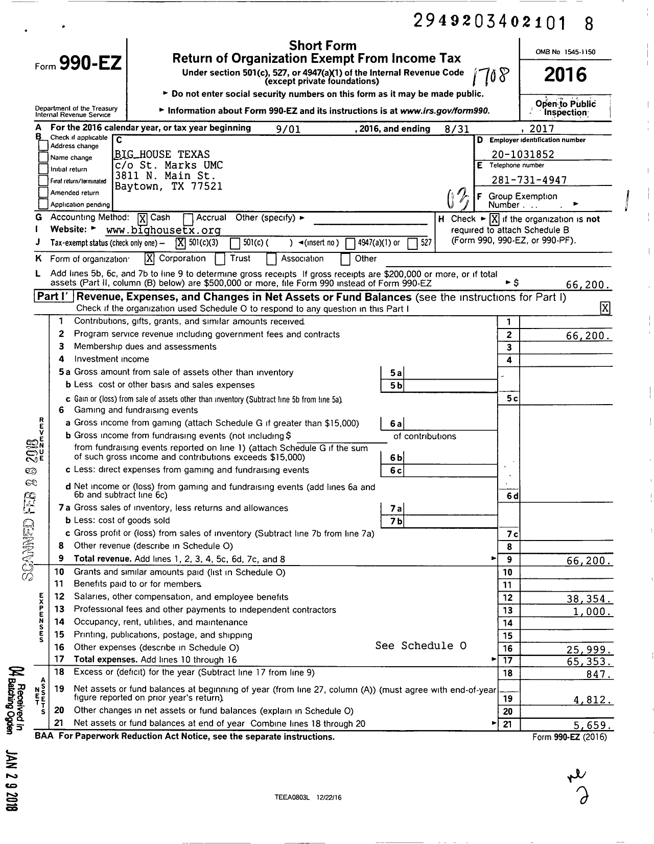 Image of first page of 2016 Form 990EZ for Big House Texas