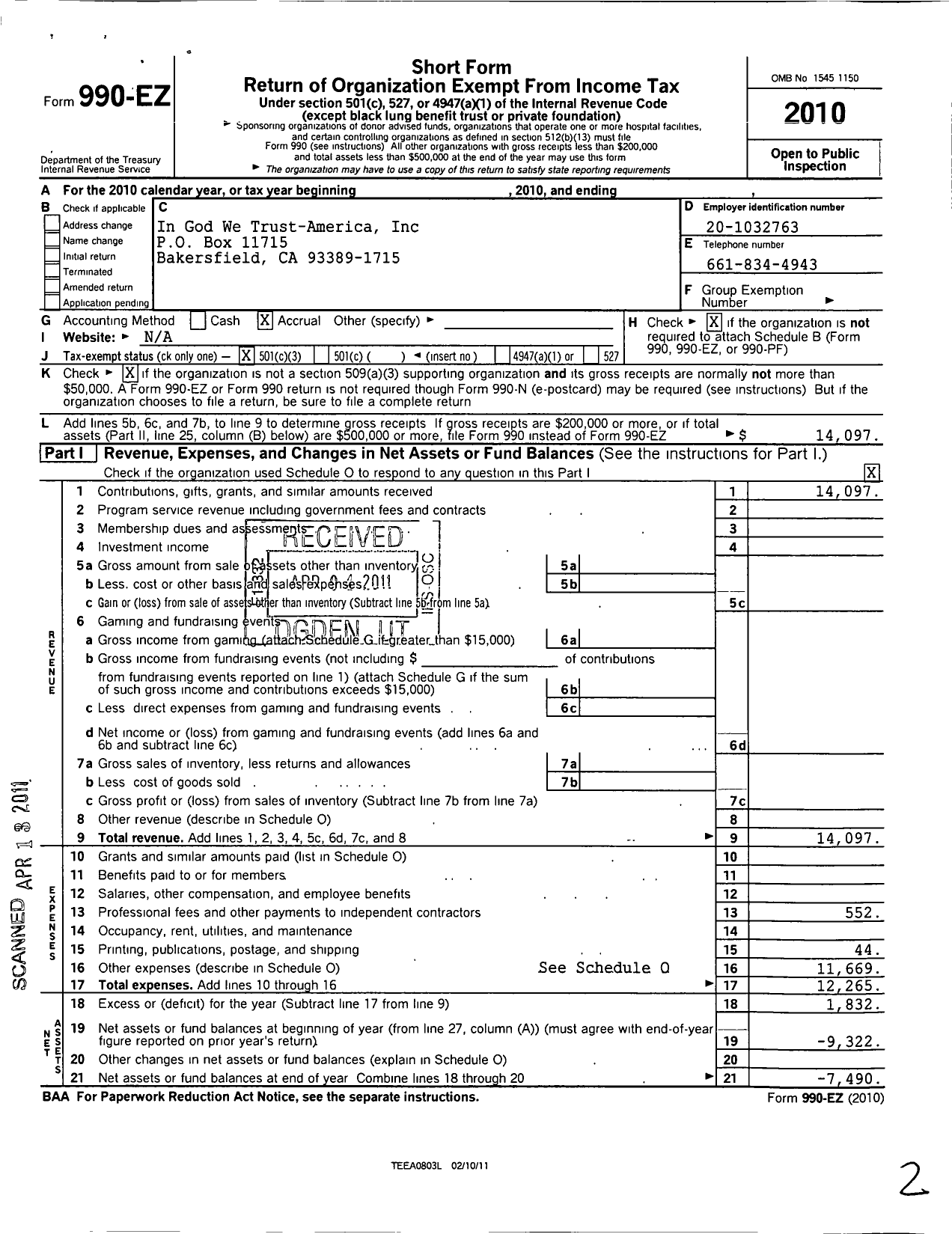 Image of first page of 2010 Form 990EZ for In God We Trust America