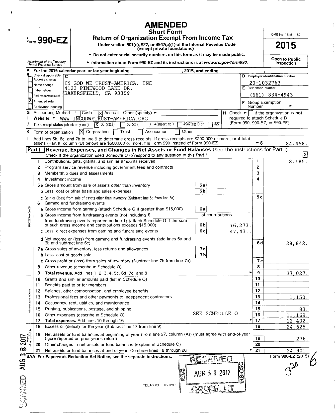 Image of first page of 2015 Form 990EZ for In God We Trust America