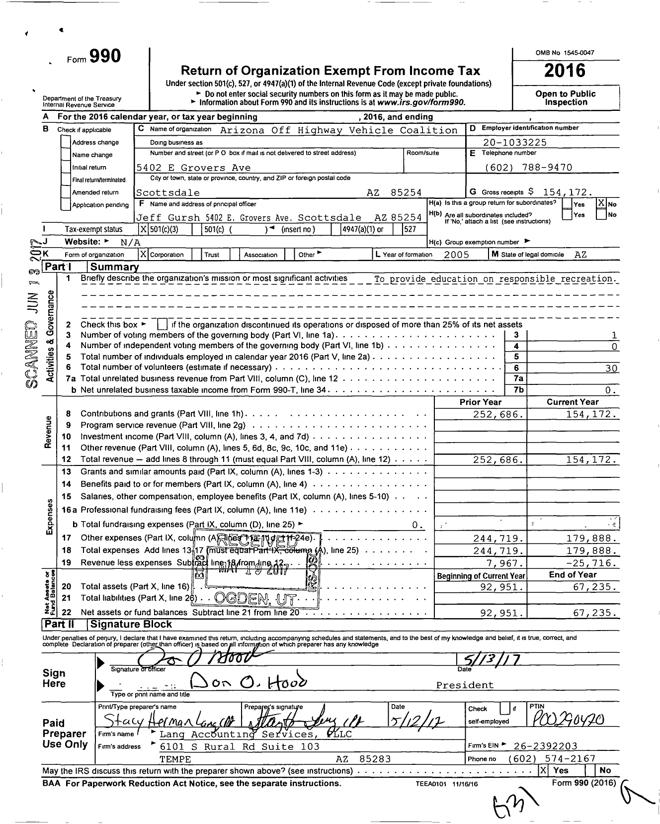 Image of first page of 2016 Form 990 for Arizona Off Highway Vehicle Assoc