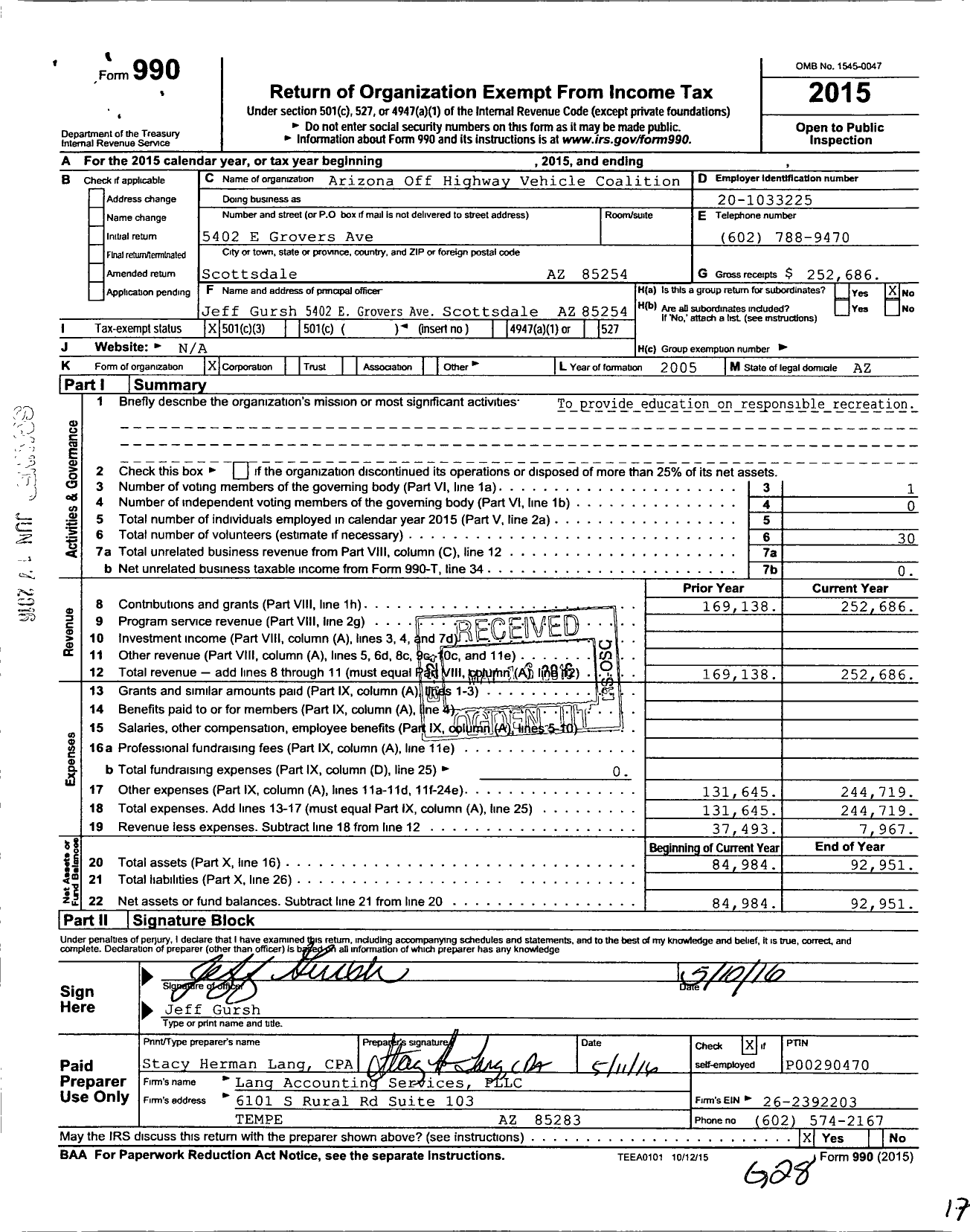 Image of first page of 2015 Form 990 for Arizona Off Highway Vehicle Assoc