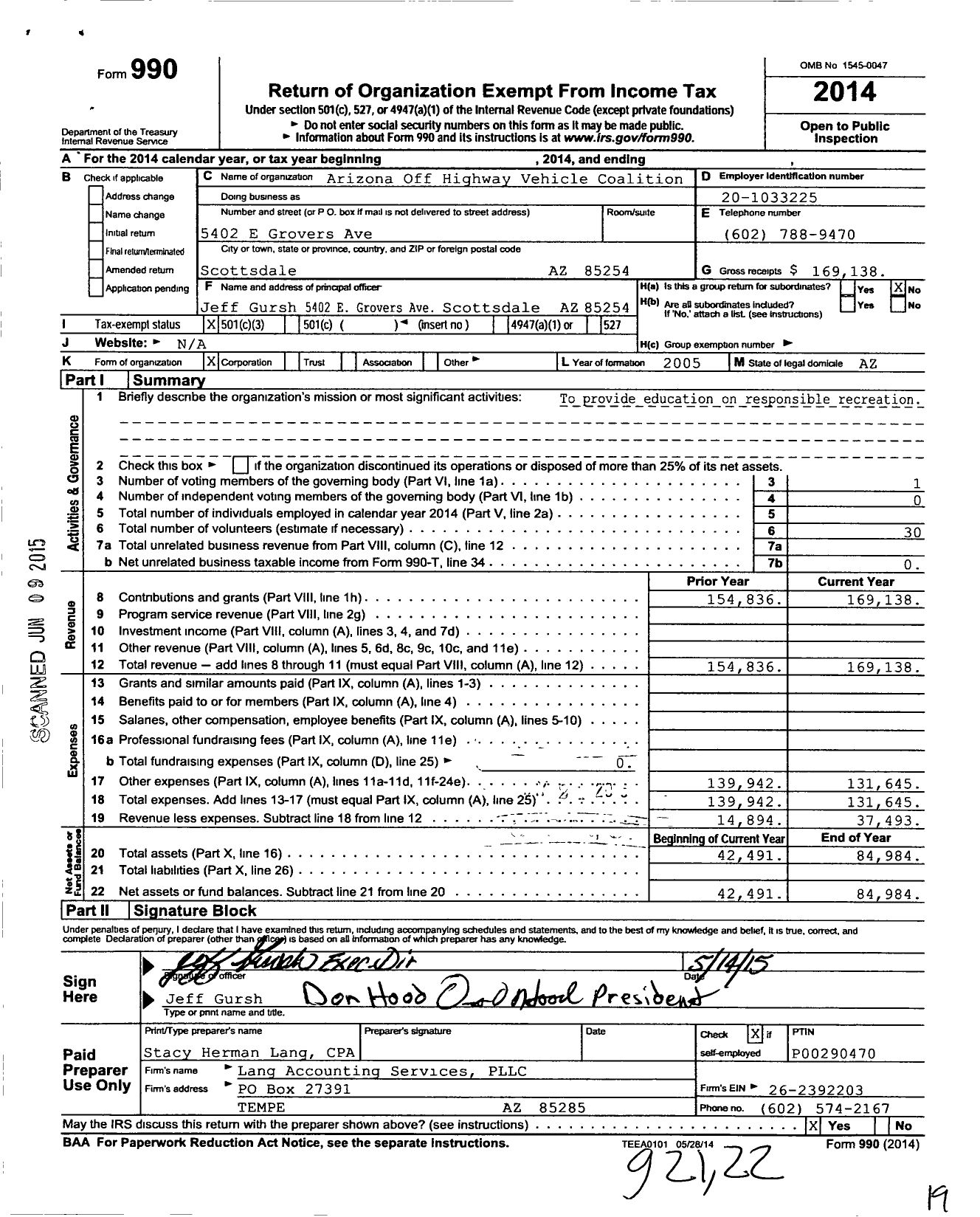 Image of first page of 2014 Form 990 for Arizona Off Highway Vehicle Assoc