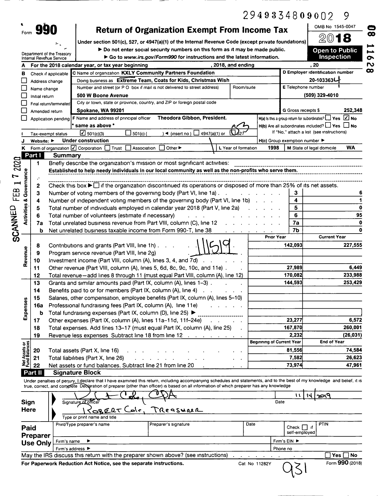 Image of first page of 2018 Form 990 for Kxly Community Partners Foundation Extreme Team-Coats 4 Kids-Christmas Wish