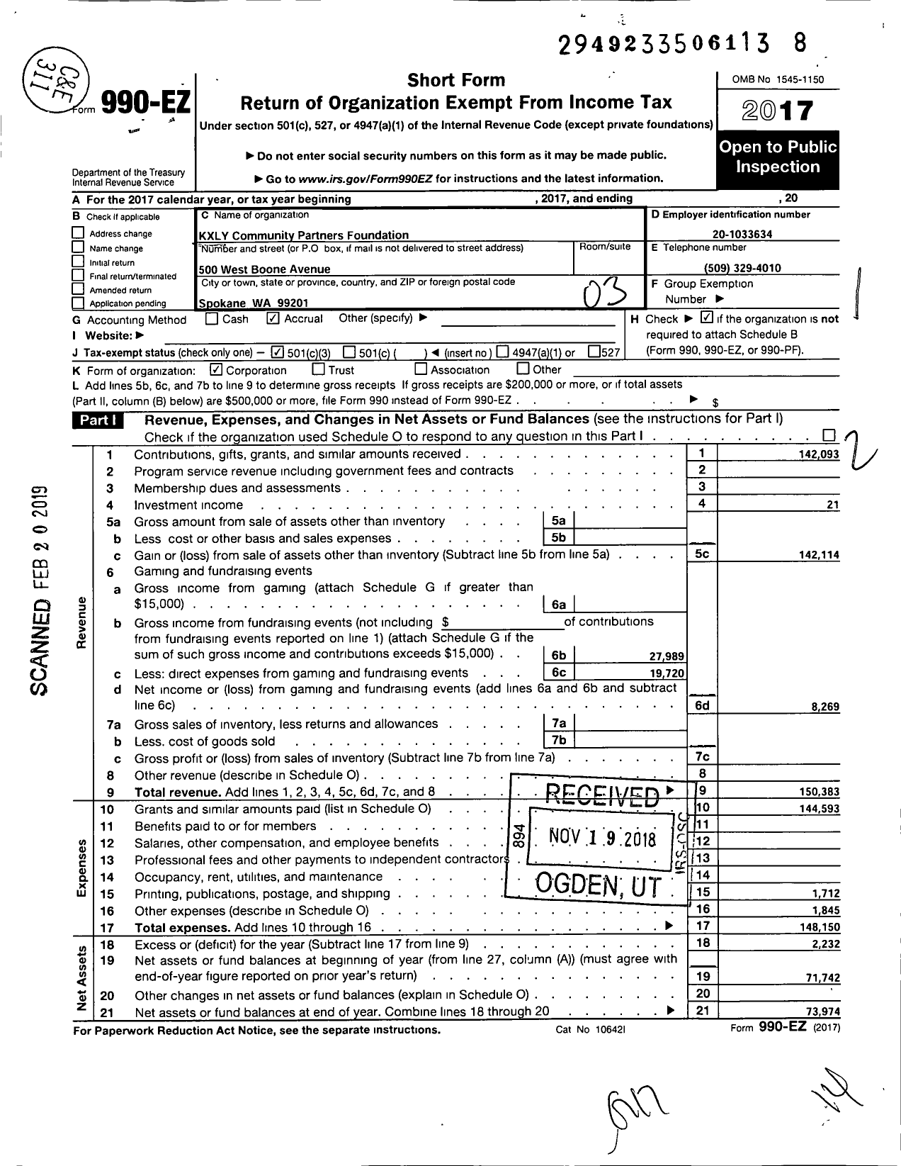 Image of first page of 2017 Form 990EZ for Kxly Community Partners Foundation Extreme Team-Coats 4 Kids-Christmas Wish