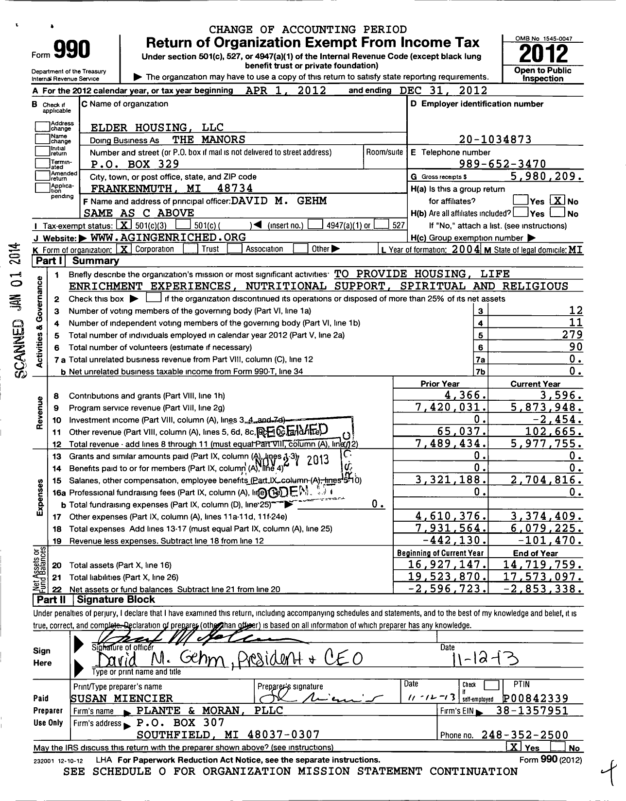 Image of first page of 2012 Form 990 for Elder Housing LLC