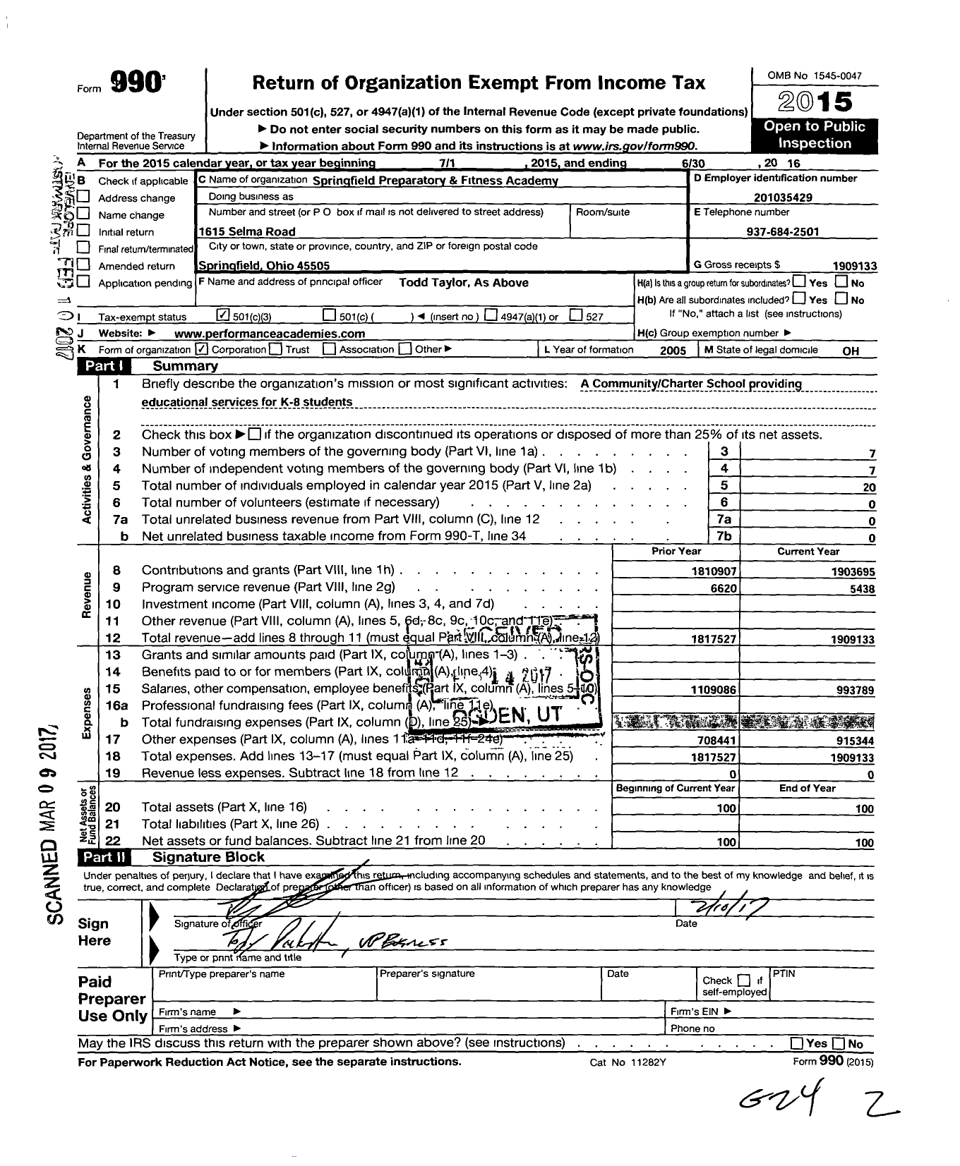 Image of first page of 2015 Form 990 for Springfield Preparatory and Fitness Academy