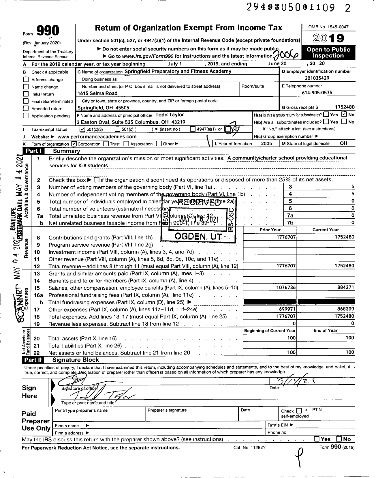 Image of first page of 2019 Form 990 for Springfield Preparatory and Fitness Academy