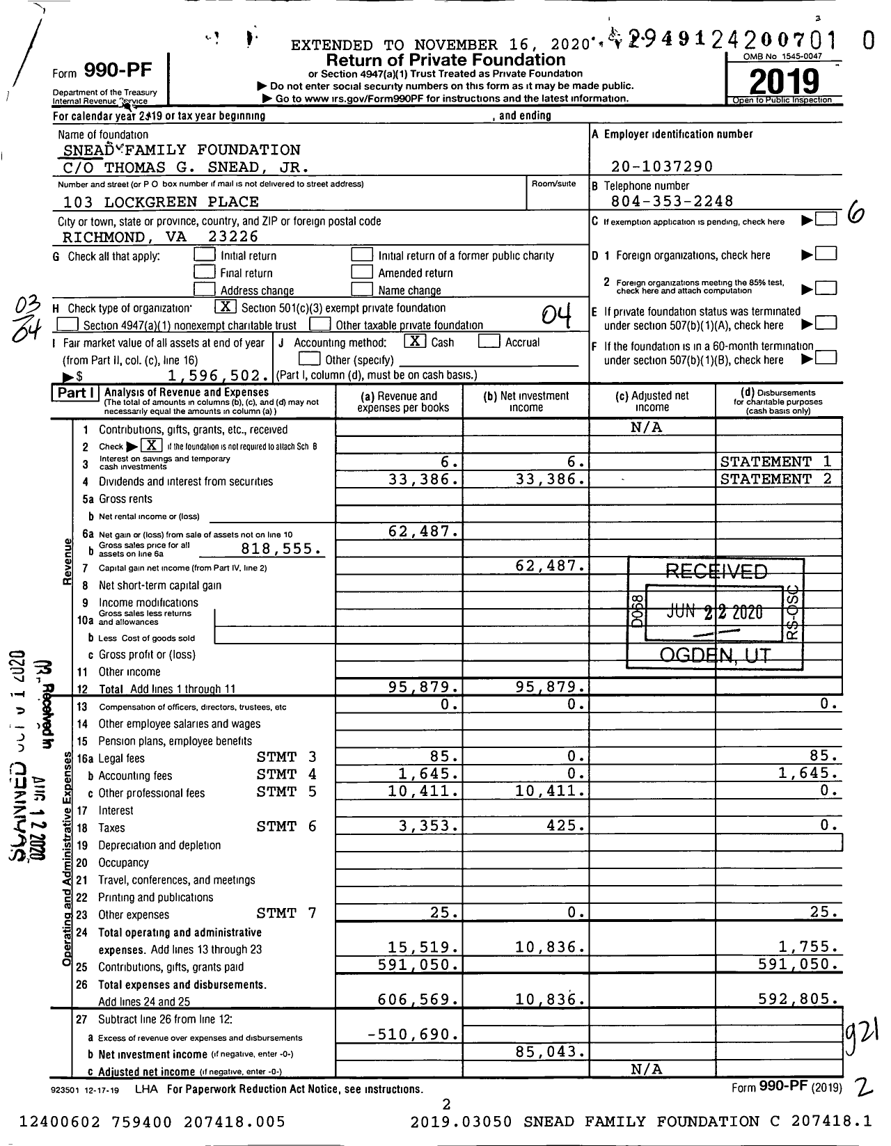 Image of first page of 2019 Form 990PR for Snead Family Foundation