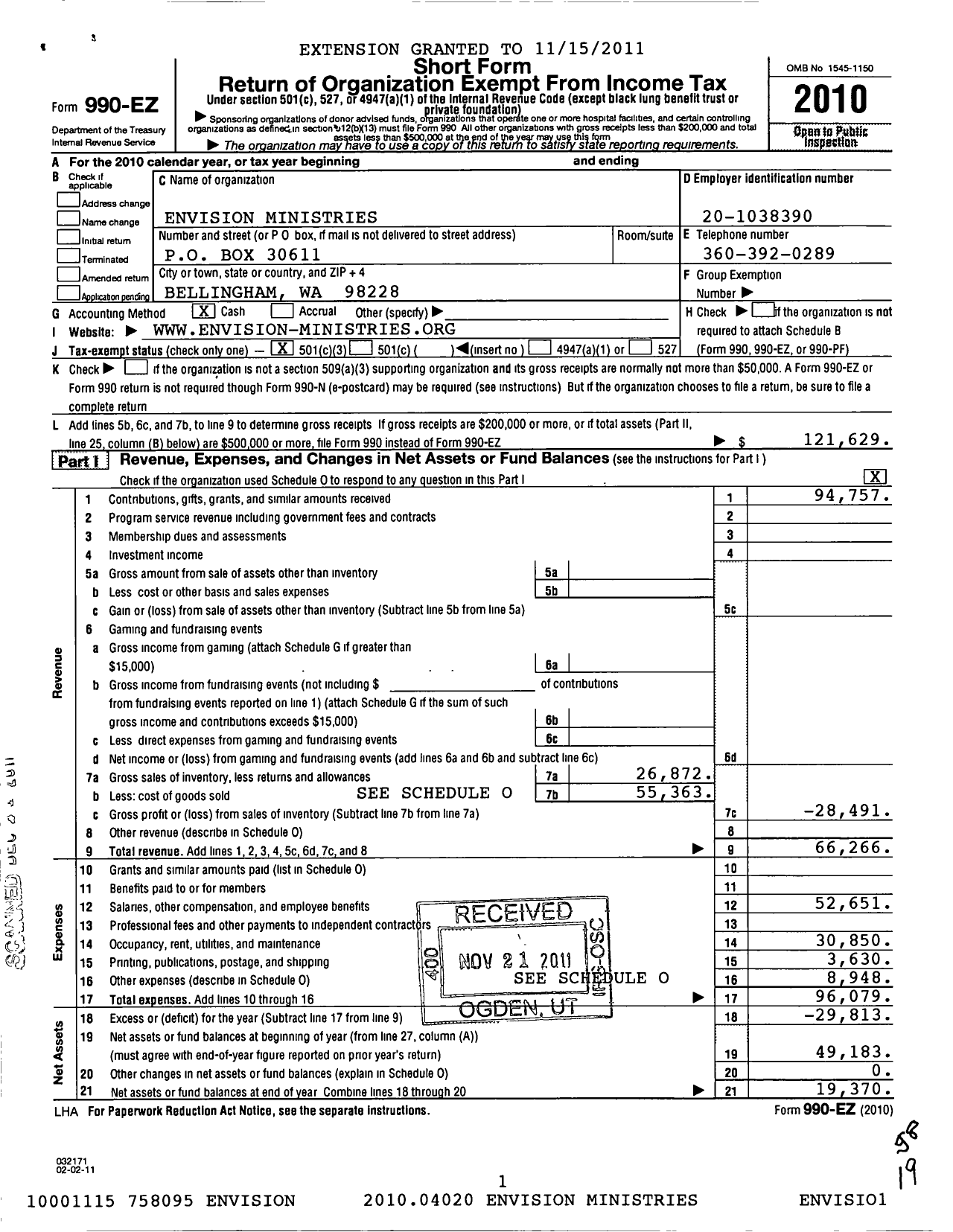 Image of first page of 2010 Form 990EZ for Envision Mission Church