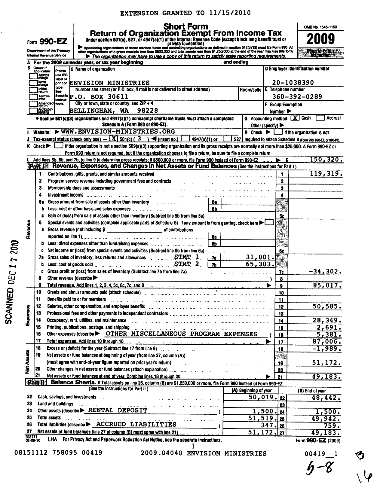 Image of first page of 2009 Form 990EZ for Envision Mission Church