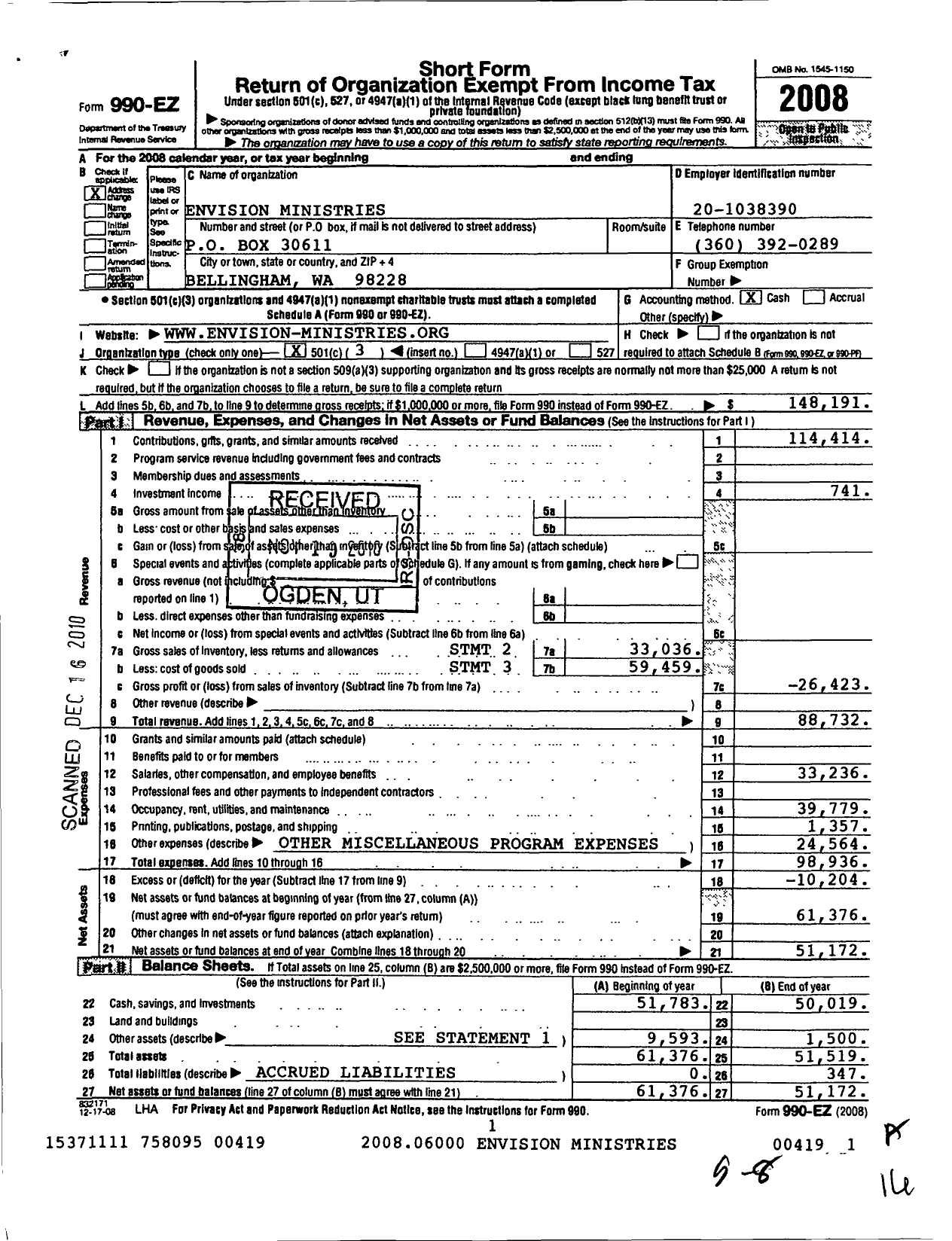 Image of first page of 2008 Form 990EZ for Envision Mission Church