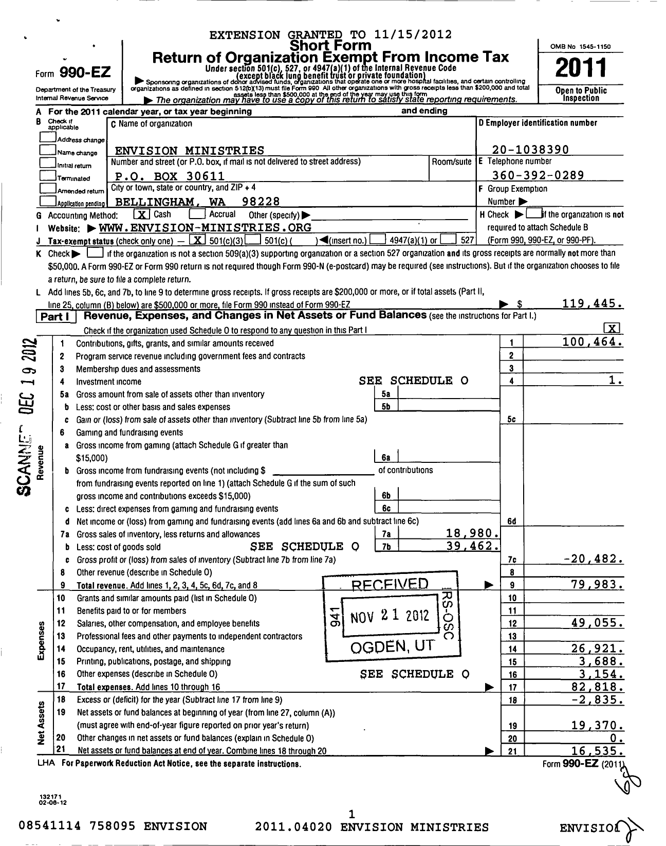 Image of first page of 2011 Form 990EZ for Envision Mission Church