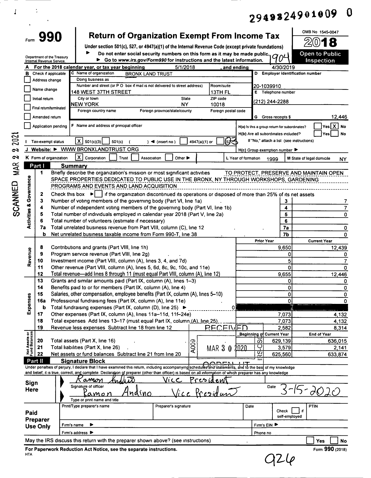 Image of first page of 2018 Form 990 for Bronx Land Trust