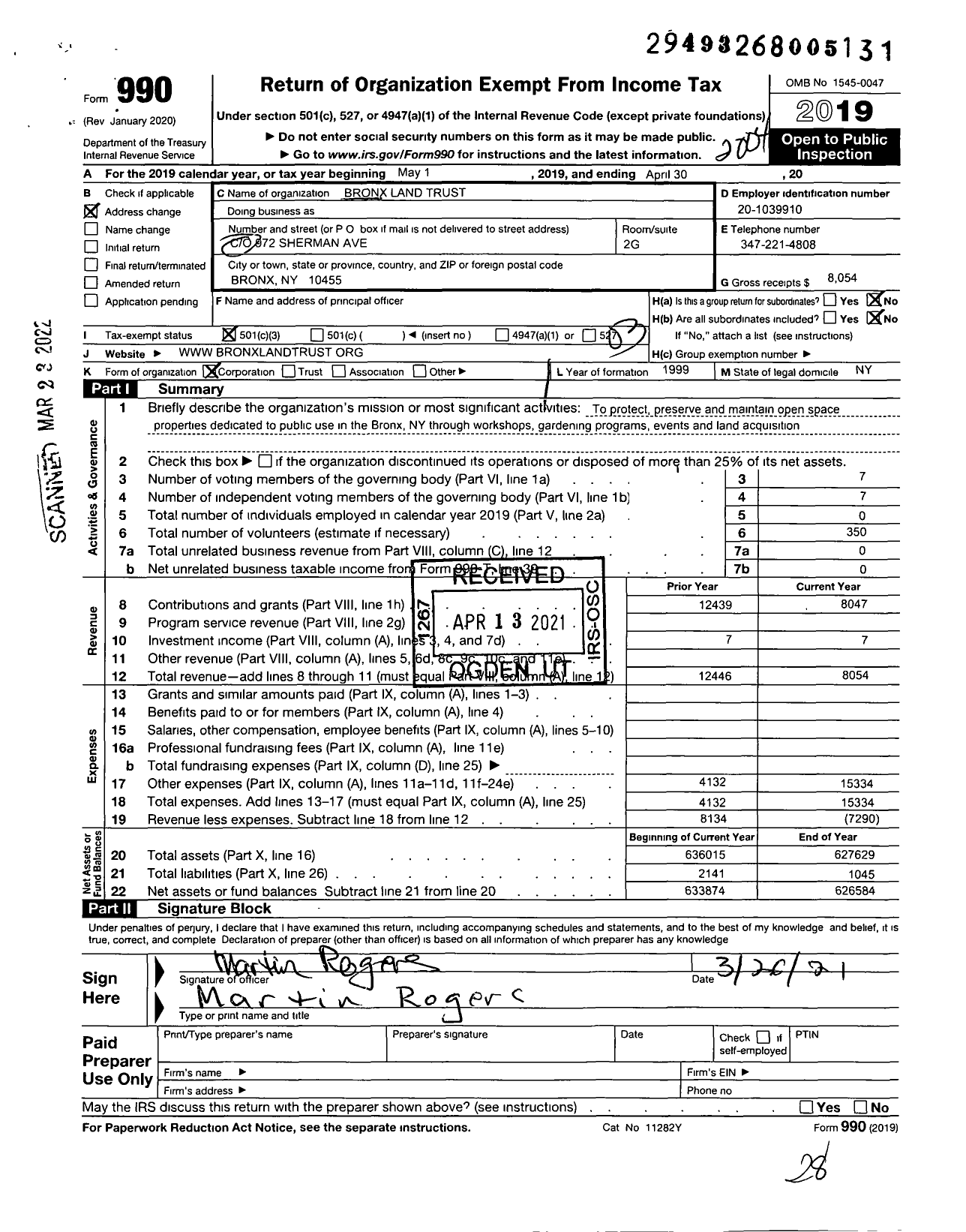 Image of first page of 2019 Form 990 for Bronx Land Trust