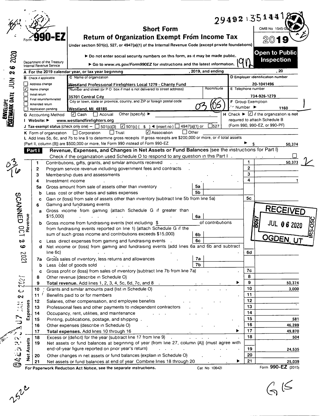 Image of first page of 2019 Form 990EZ for WESTLAND FIREFIGHTERs CHARITY FUND