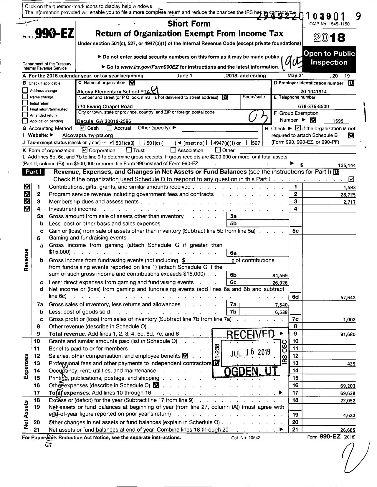 Image of first page of 2018 Form 990EZ for Georgia PTA - PTA