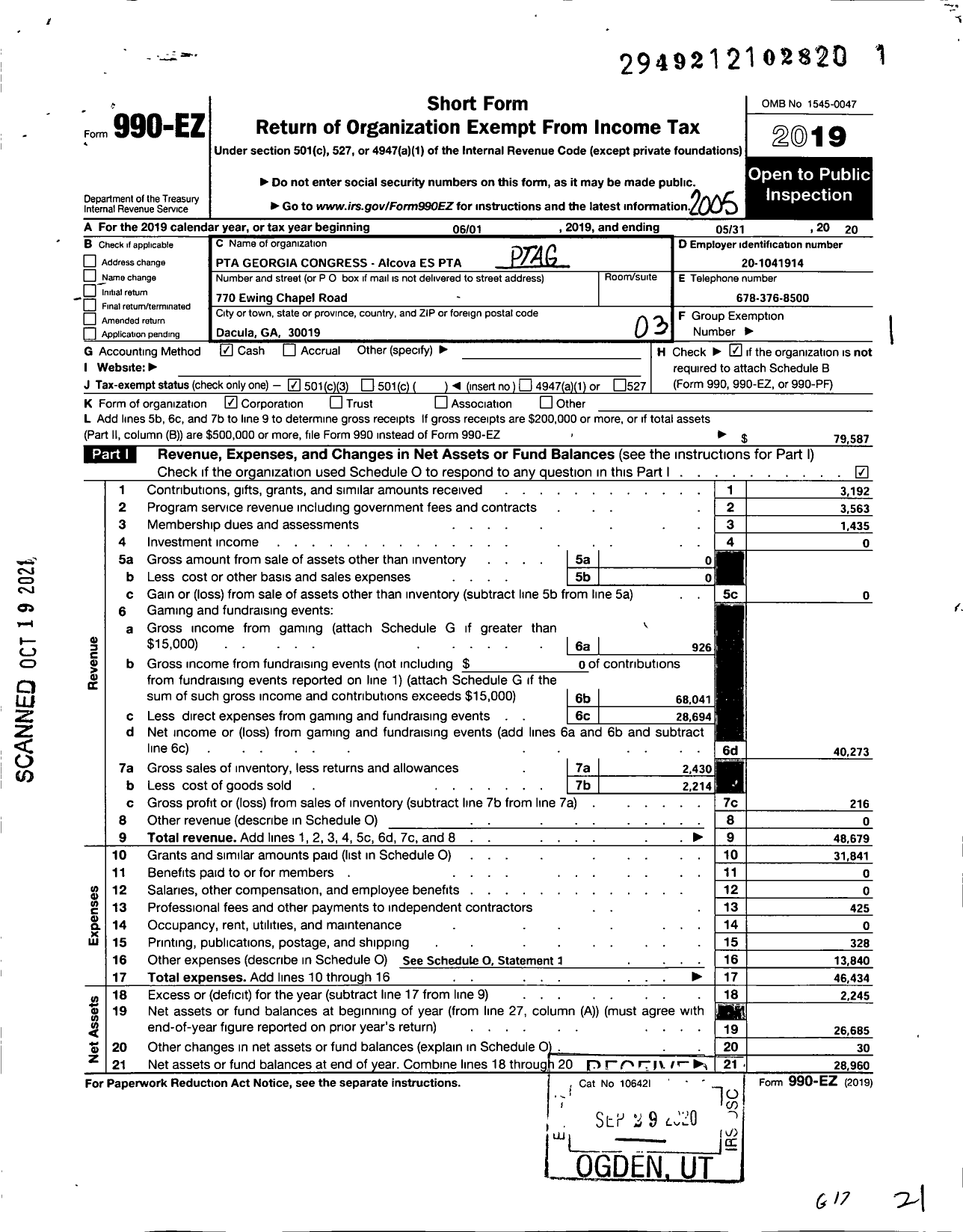 Image of first page of 2019 Form 990EZ for Georgia PTA - PTA