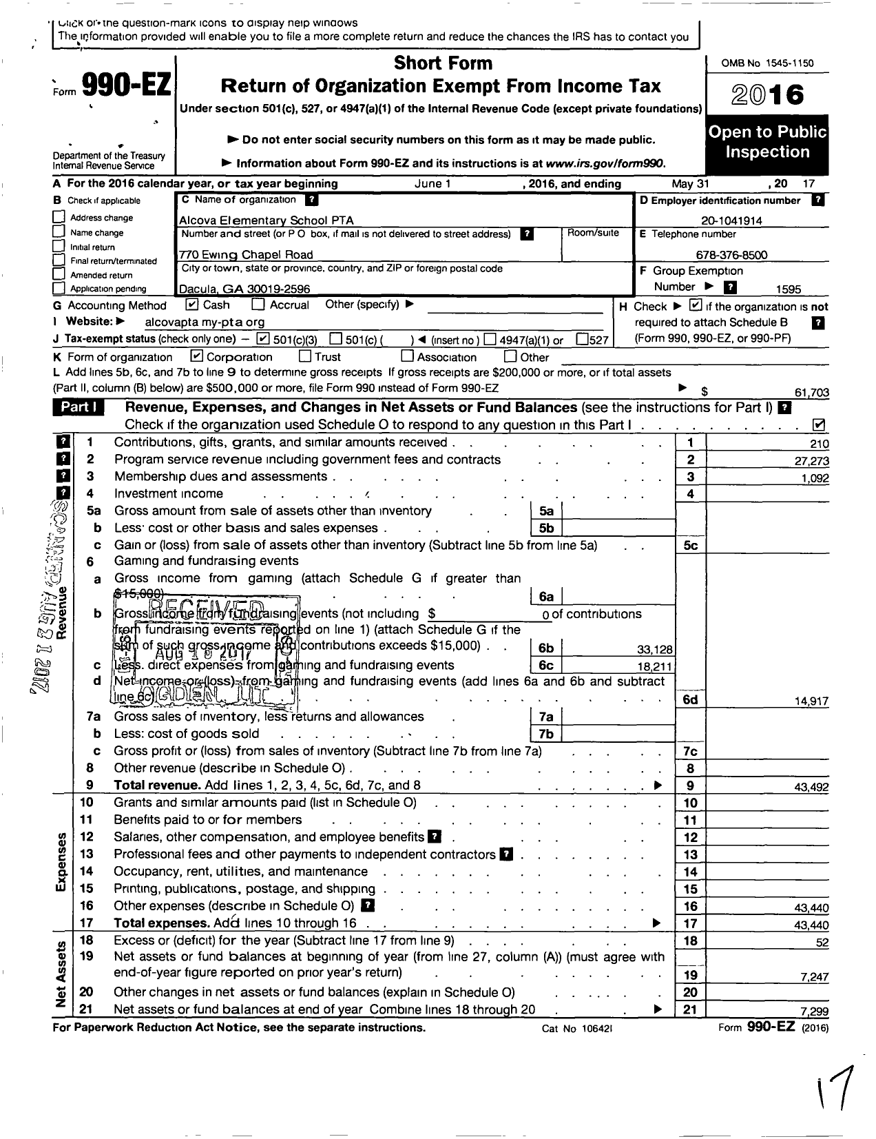 Image of first page of 2016 Form 990EZ for Georgia PTA - PTA