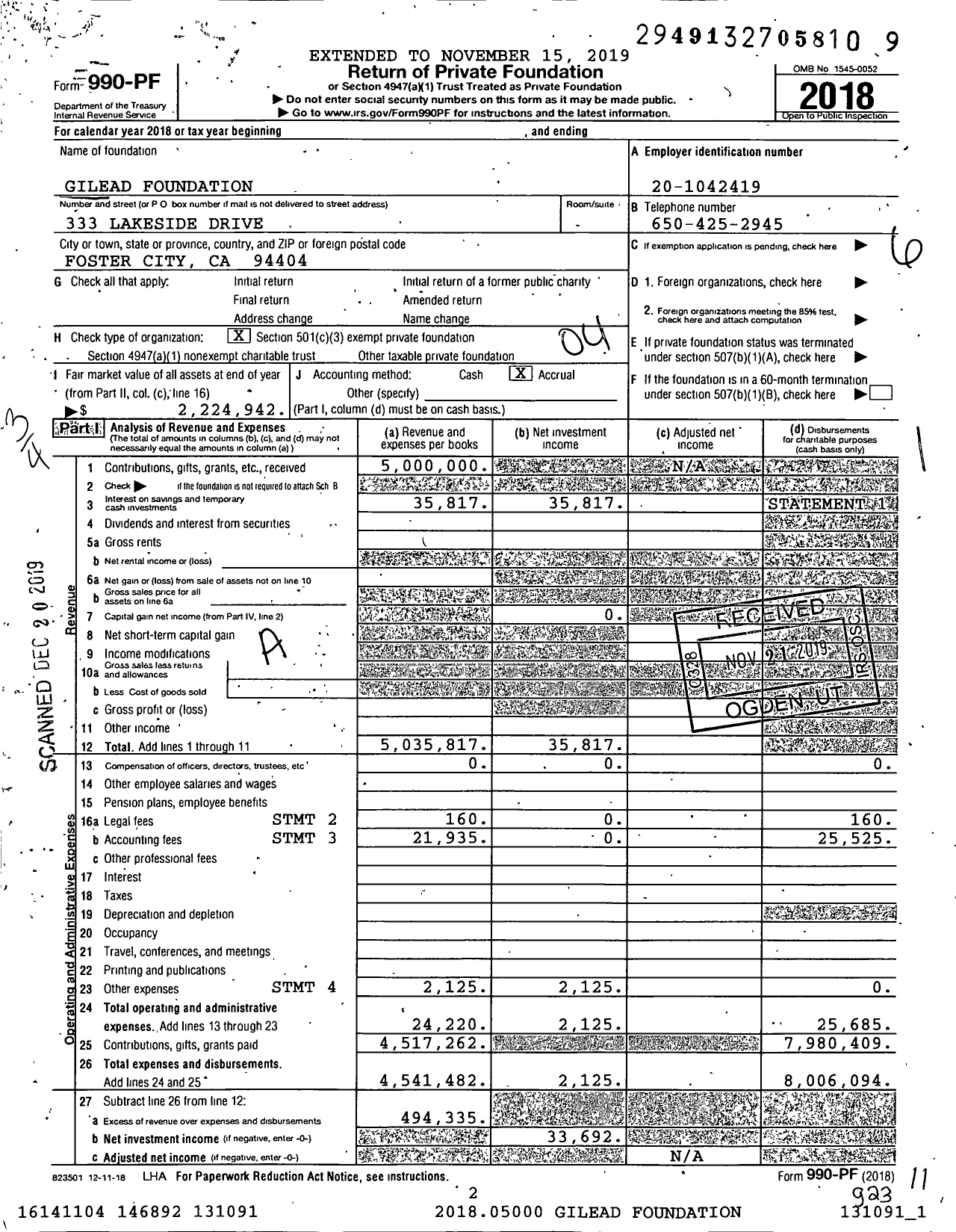 Image of first page of 2018 Form 990PF for Gilead Foundation