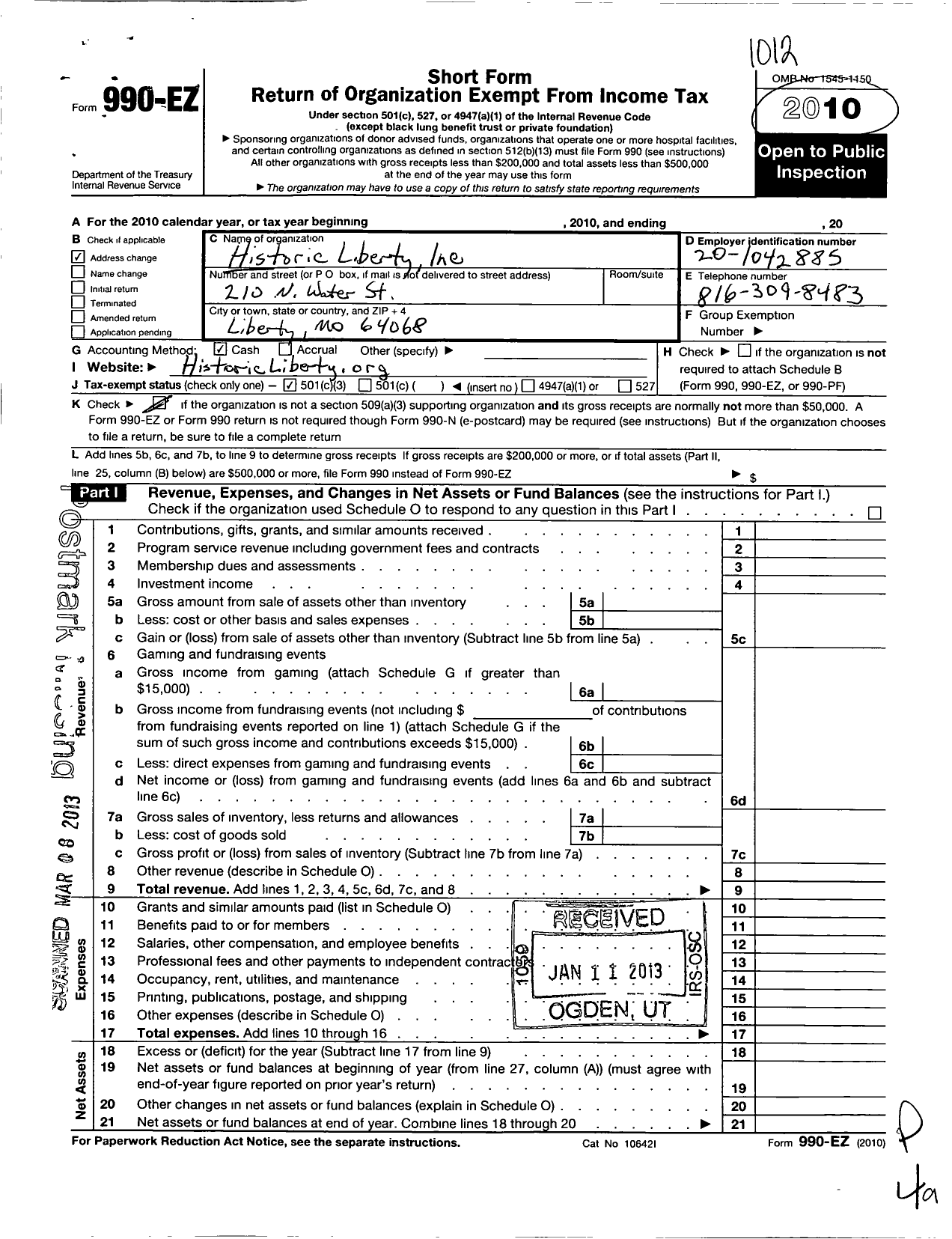 Image of first page of 2010 Form 990EZ for Historic Liberty