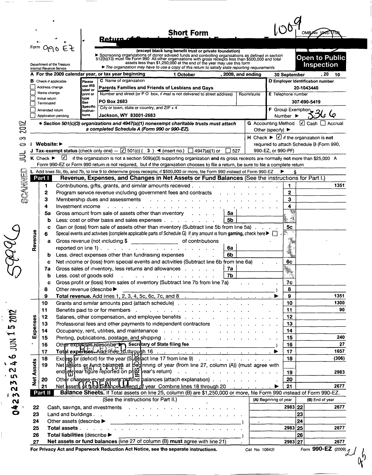 Image of first page of 2009 Form 990EZ for Parents Families and Friends of Lesbians and Gays / Pflag Jackson