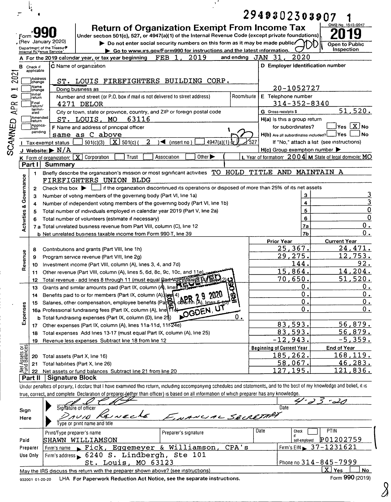 Image of first page of 2019 Form 990 for St Louis Firefighters Figters Building Corporation