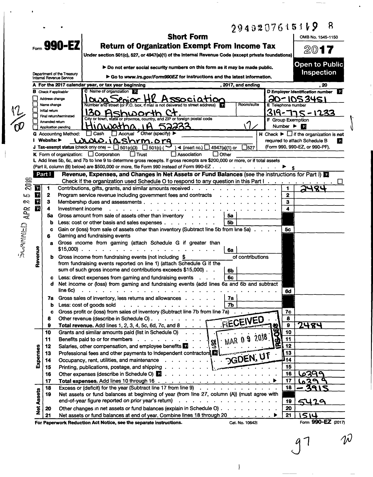 Image of first page of 2017 Form 990EO for Iowa Senior Human Resources Association