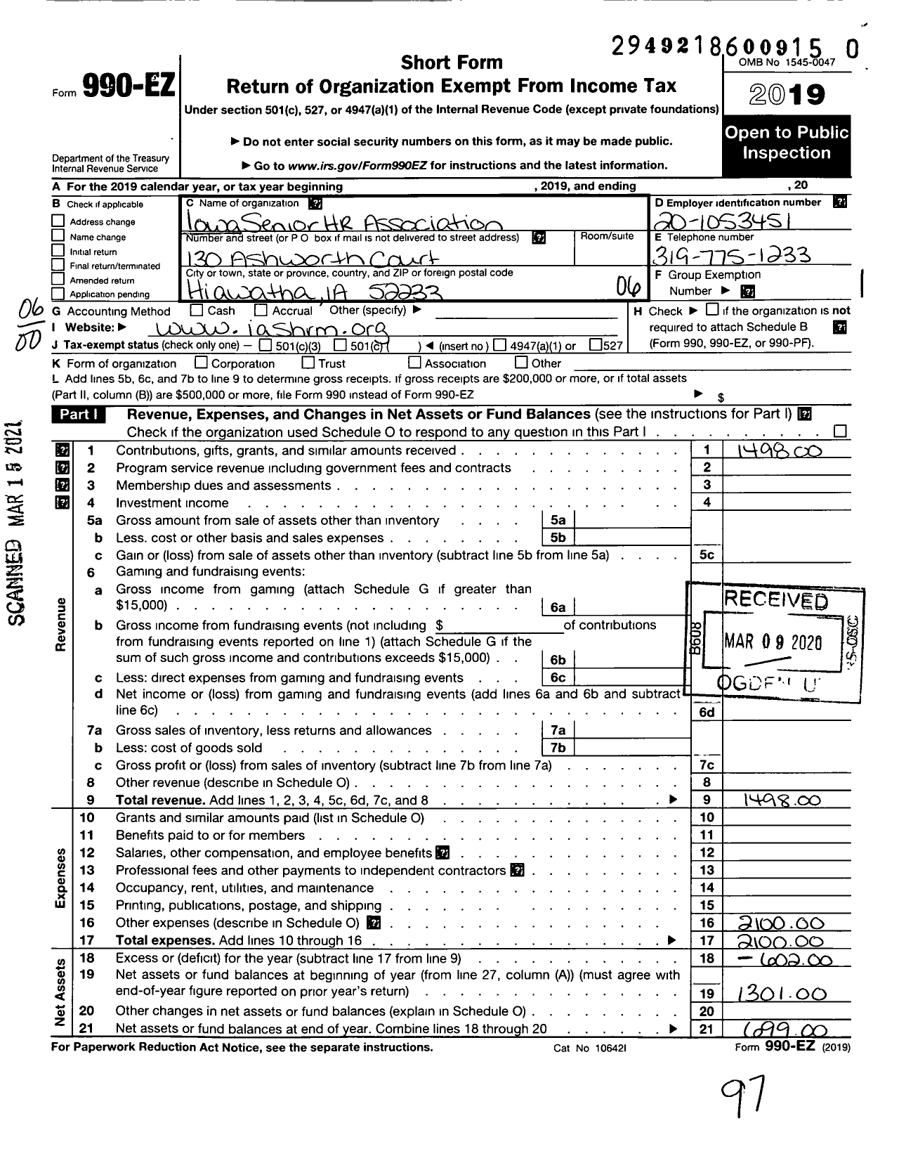 Image of first page of 2019 Form 990EO for Iowa Senior Human Resources Association