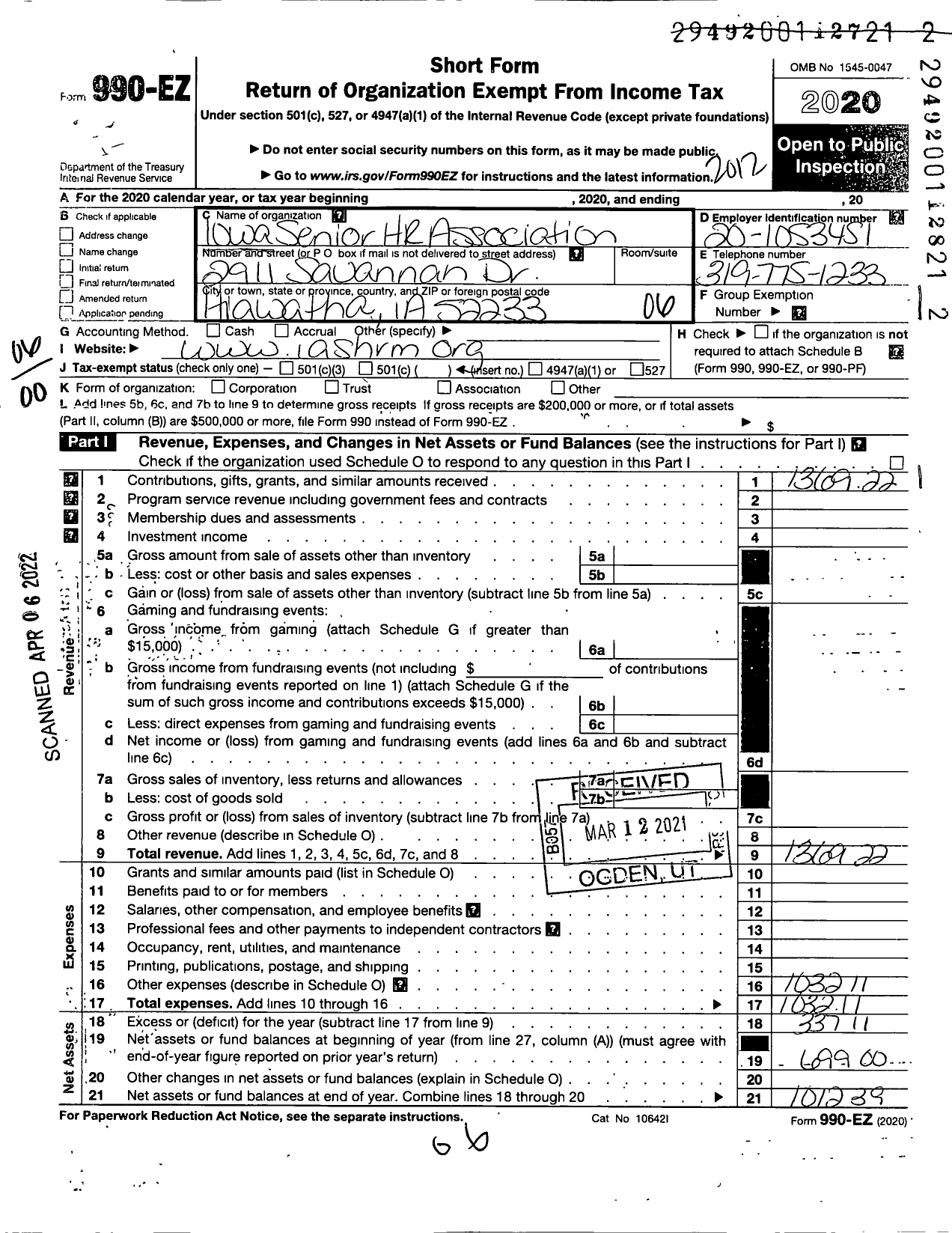 Image of first page of 2020 Form 990EO for Iowa Senior Human Resources Association