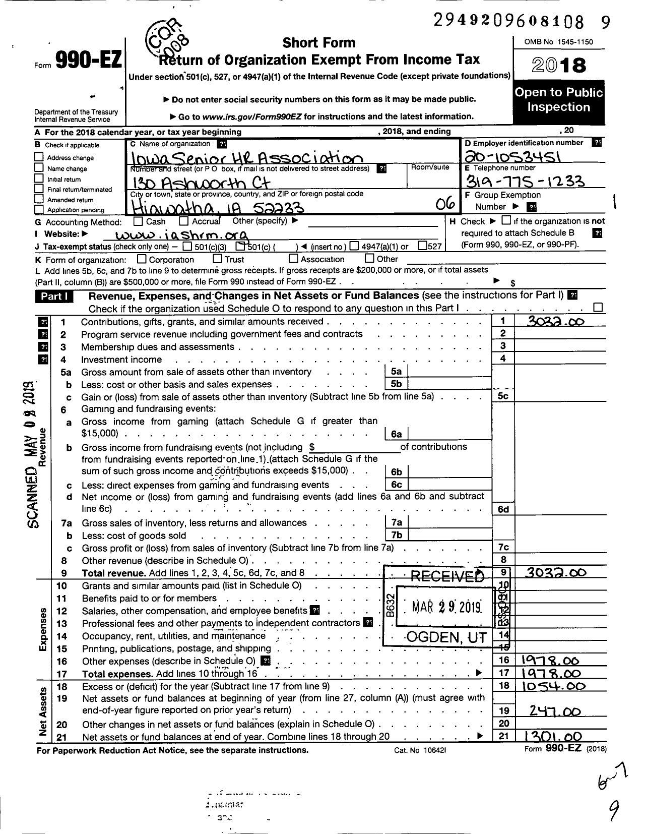 Image of first page of 2018 Form 990EO for Iowa Senior Human Resources Association